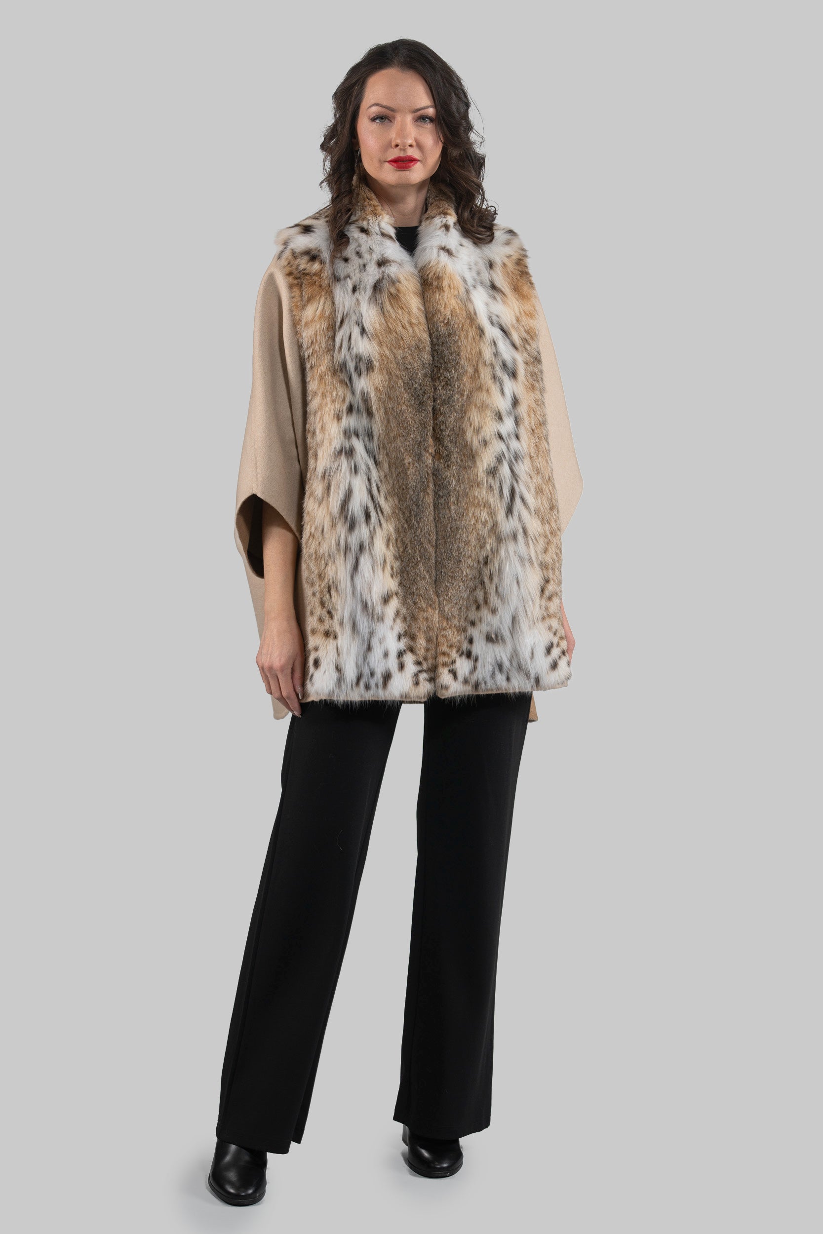 Ecru Cashmere Cape with Bobcat Fur Trim