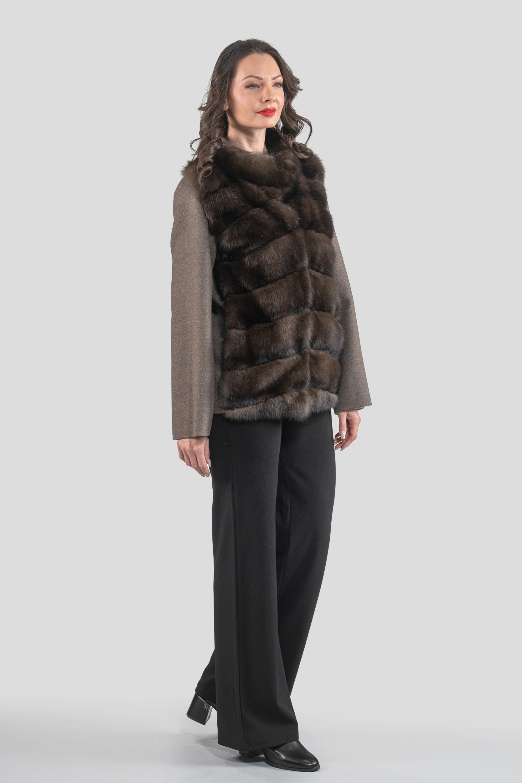 Brown Grey Cashmere Jacket with Baumarten Fur Trim