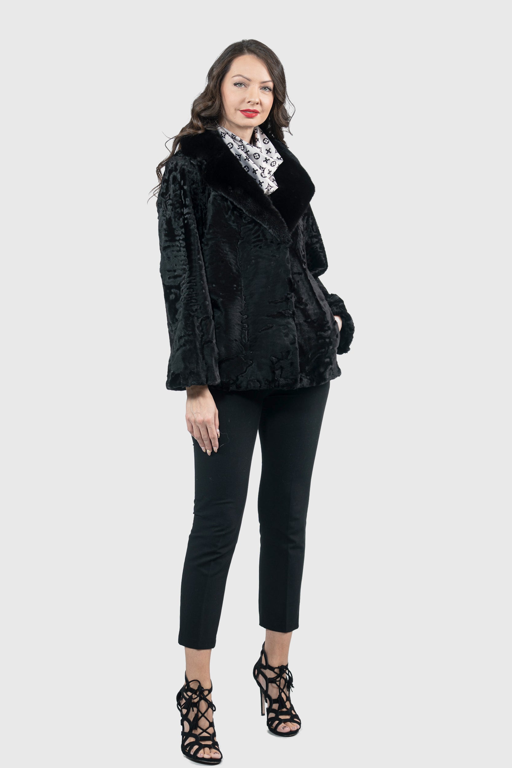 Black Swakara Jacket with Mink Notch Collar