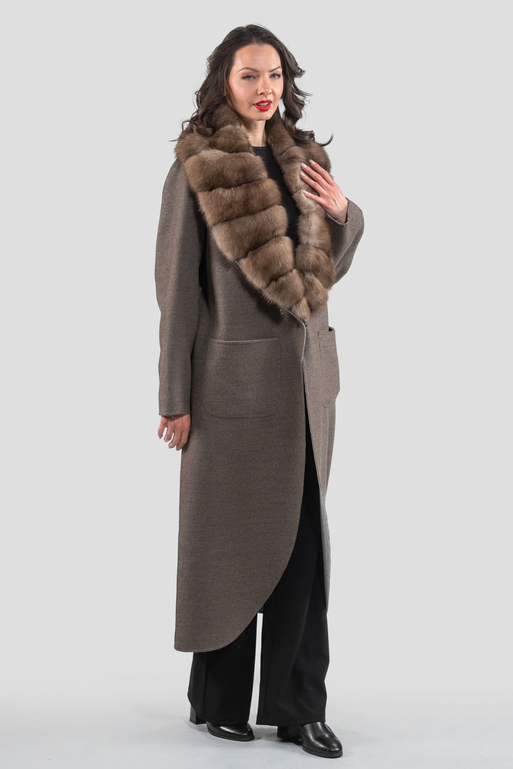 Brown Grey Cashmere Coat with Russian Sable Notch Collar
