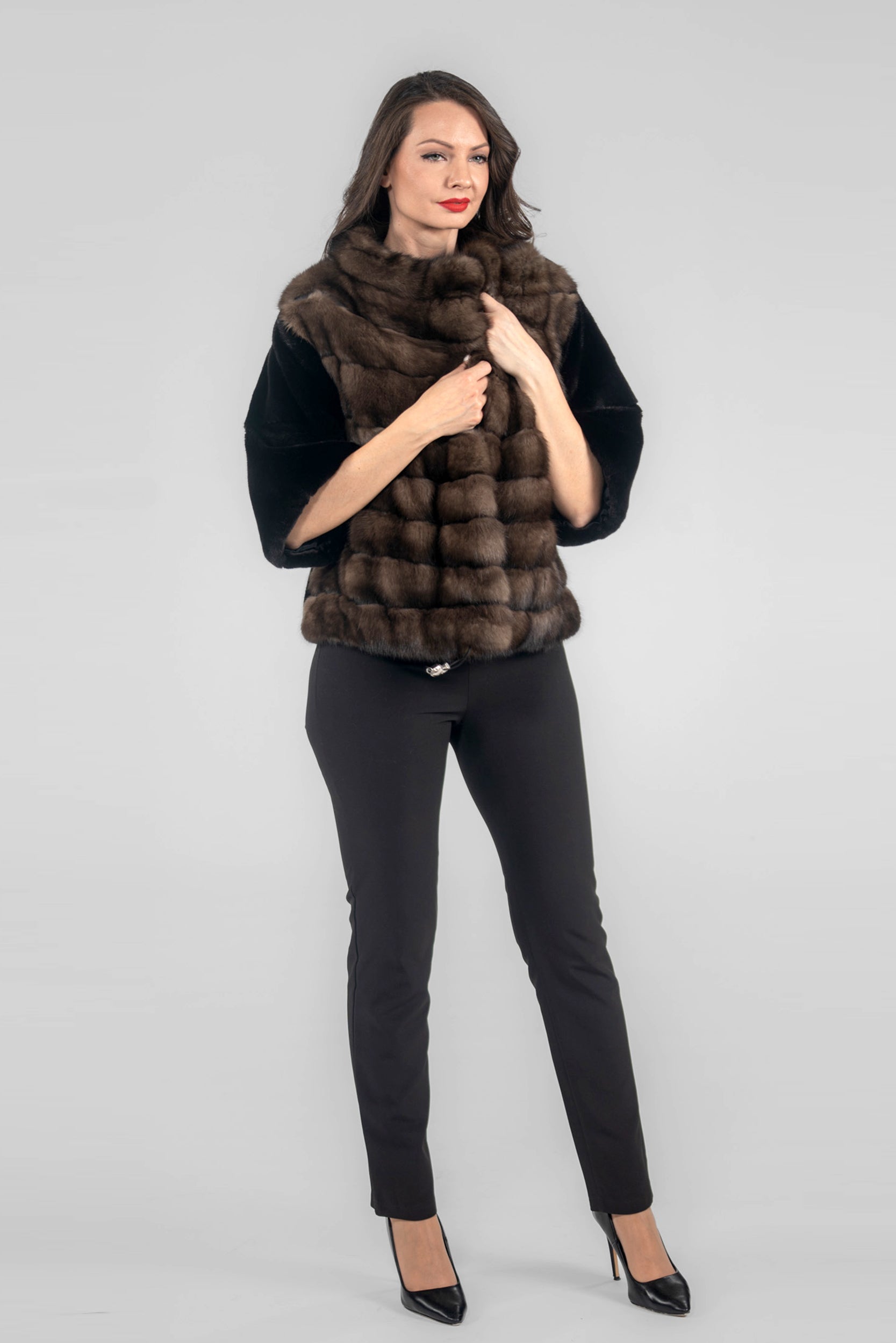 Short Sleeve Blackglama Mink Jacket with Stand Collar and Russian Sable Trim