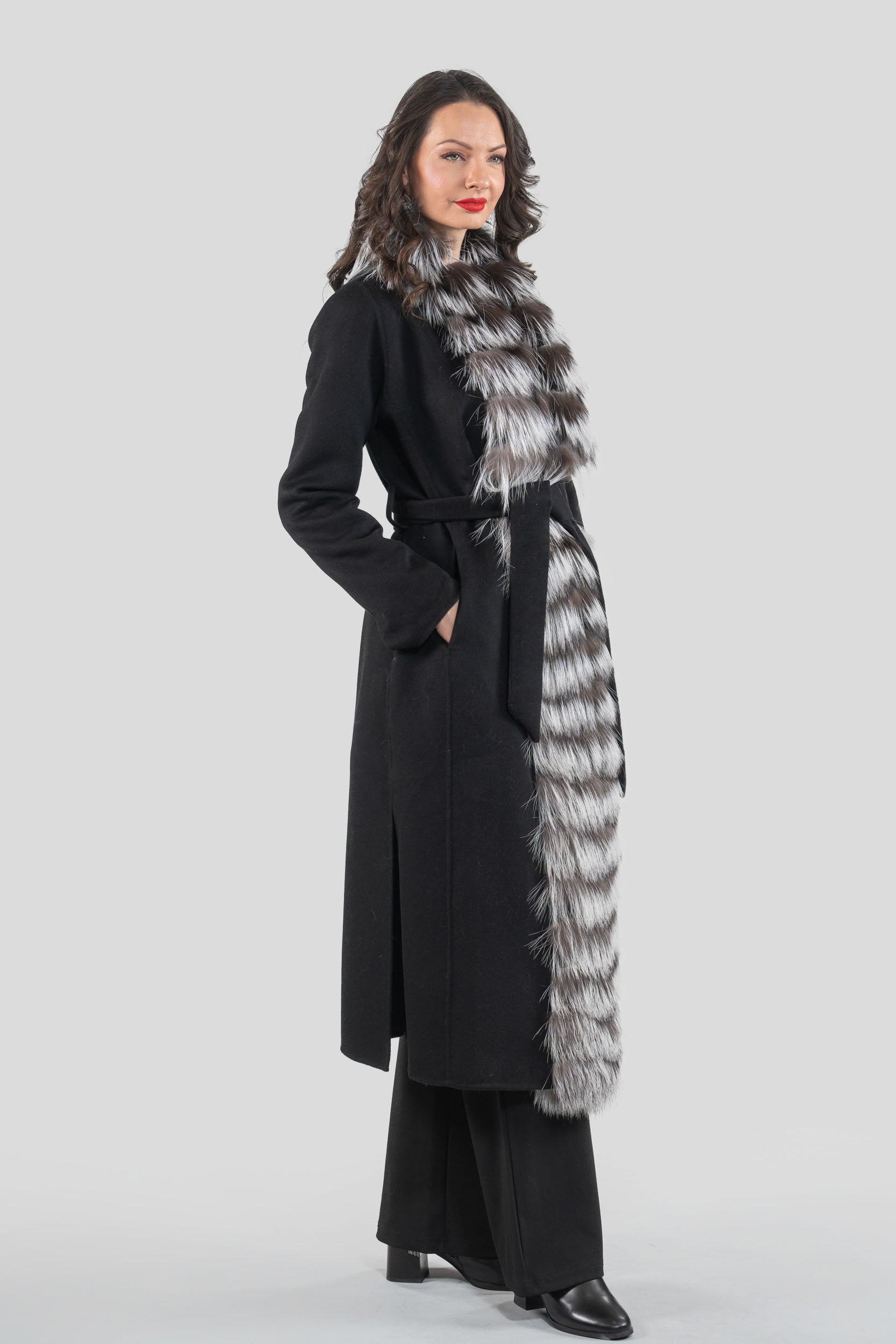 Black Cashmere Coat with Fox Trim