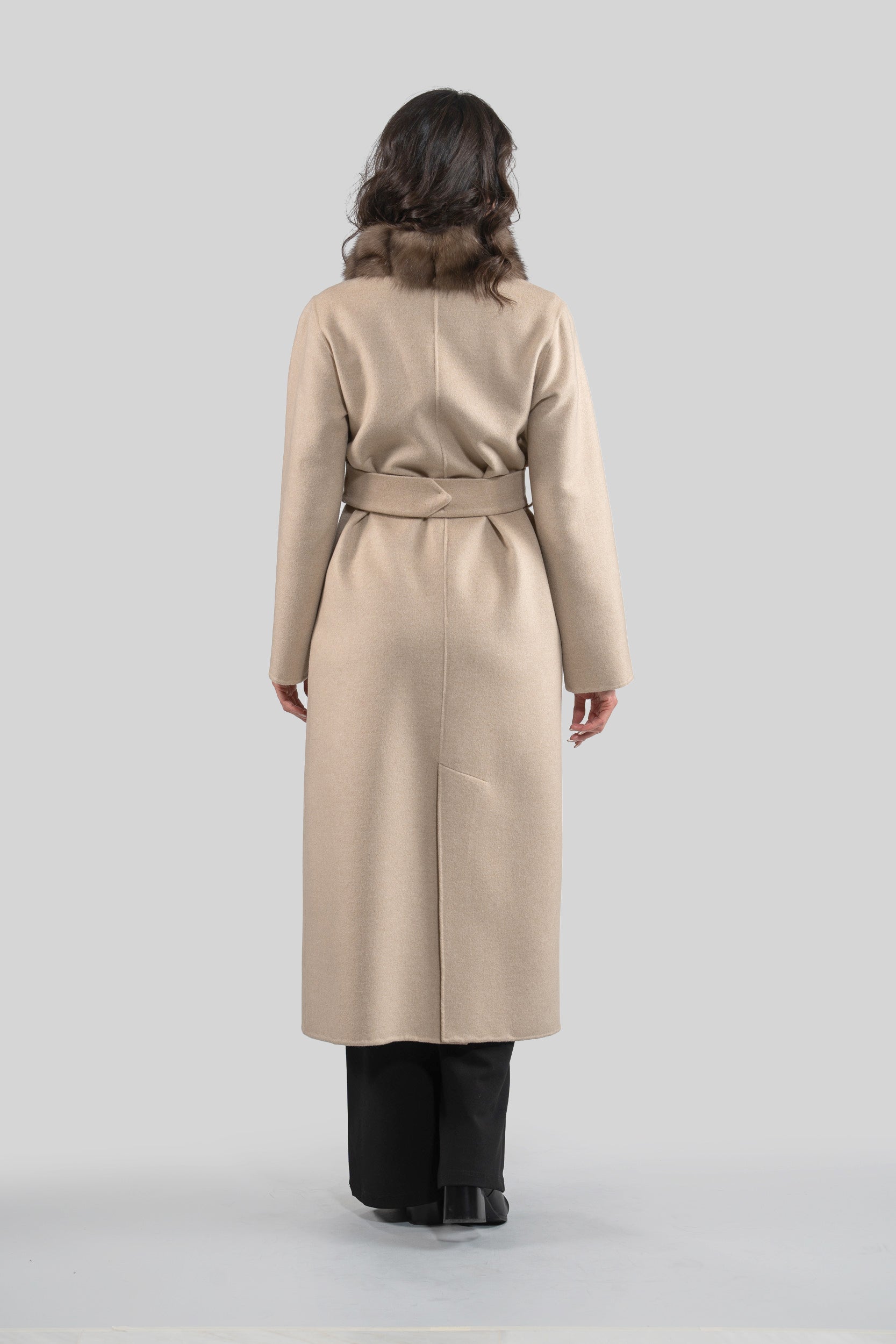 Ecru Beige Cashmere Coat with Russian Sable Trim