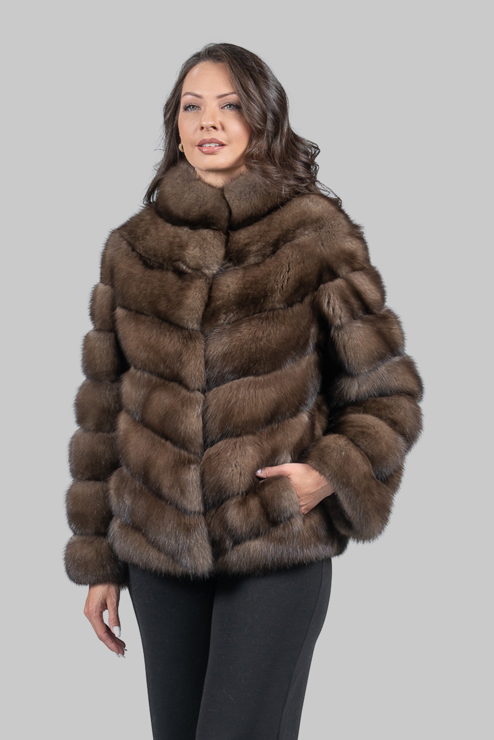 Graphite Russian Sable Chevron Jacket with Stand Collar