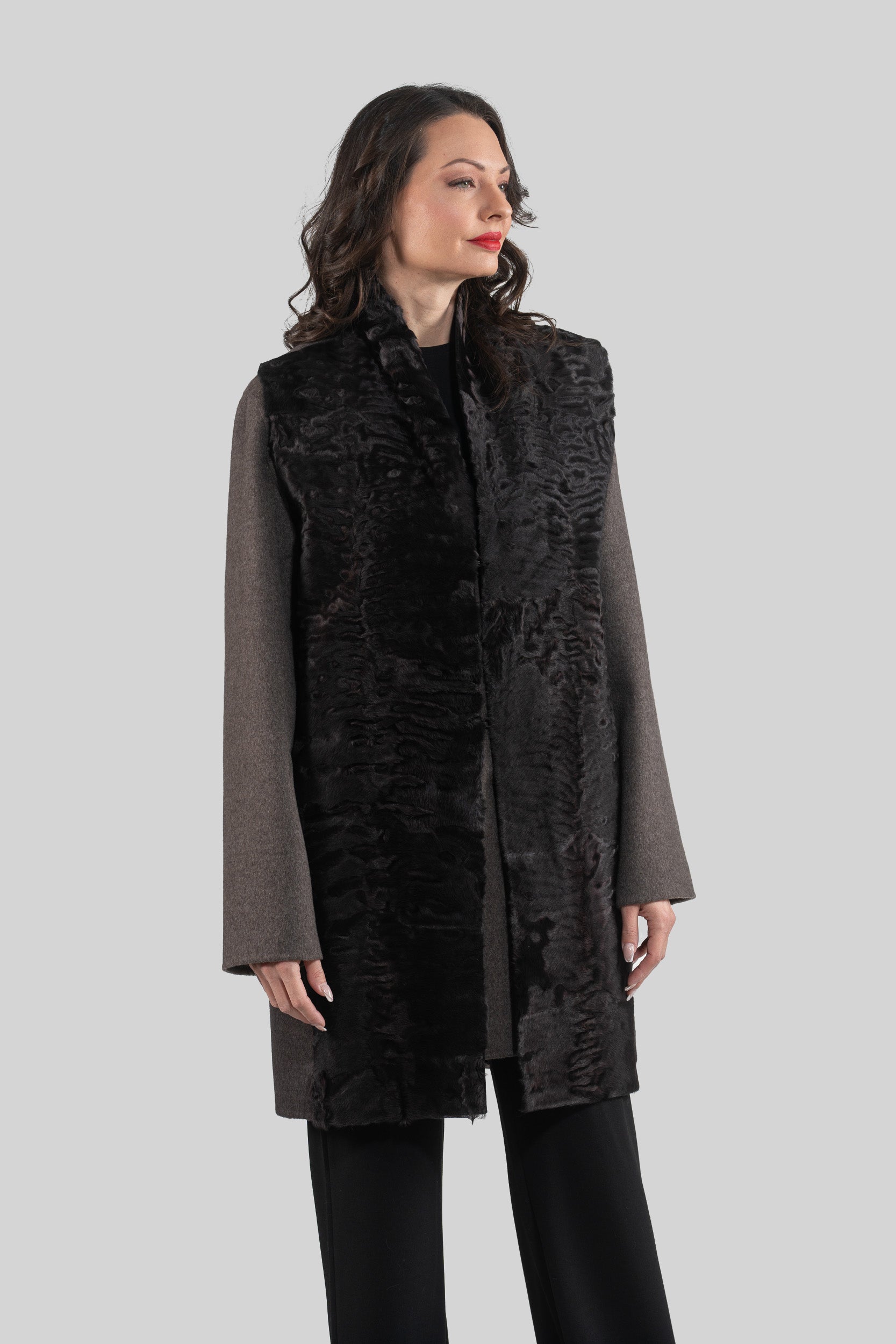 Grey Cashmere Half Coat & Vest with Swakara Fur Trim