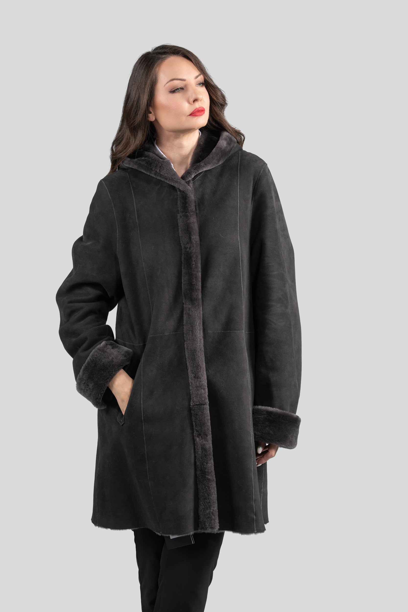 Hooded Gray Half Coat in Spanish Merino