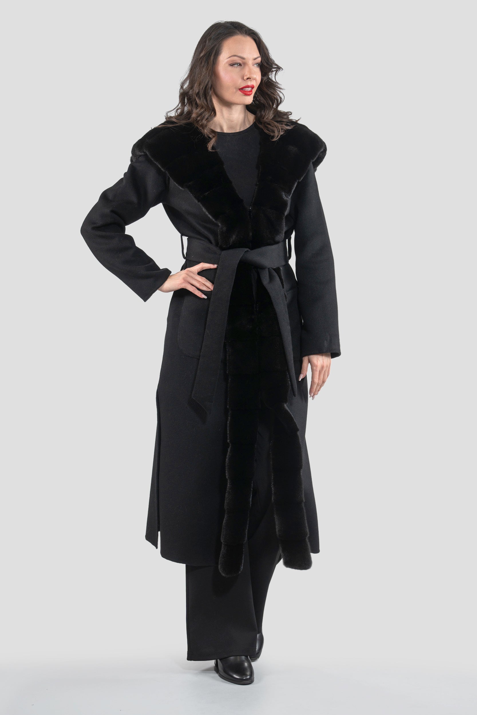 Black Cashmere Hooded Coat with Mink Trim
