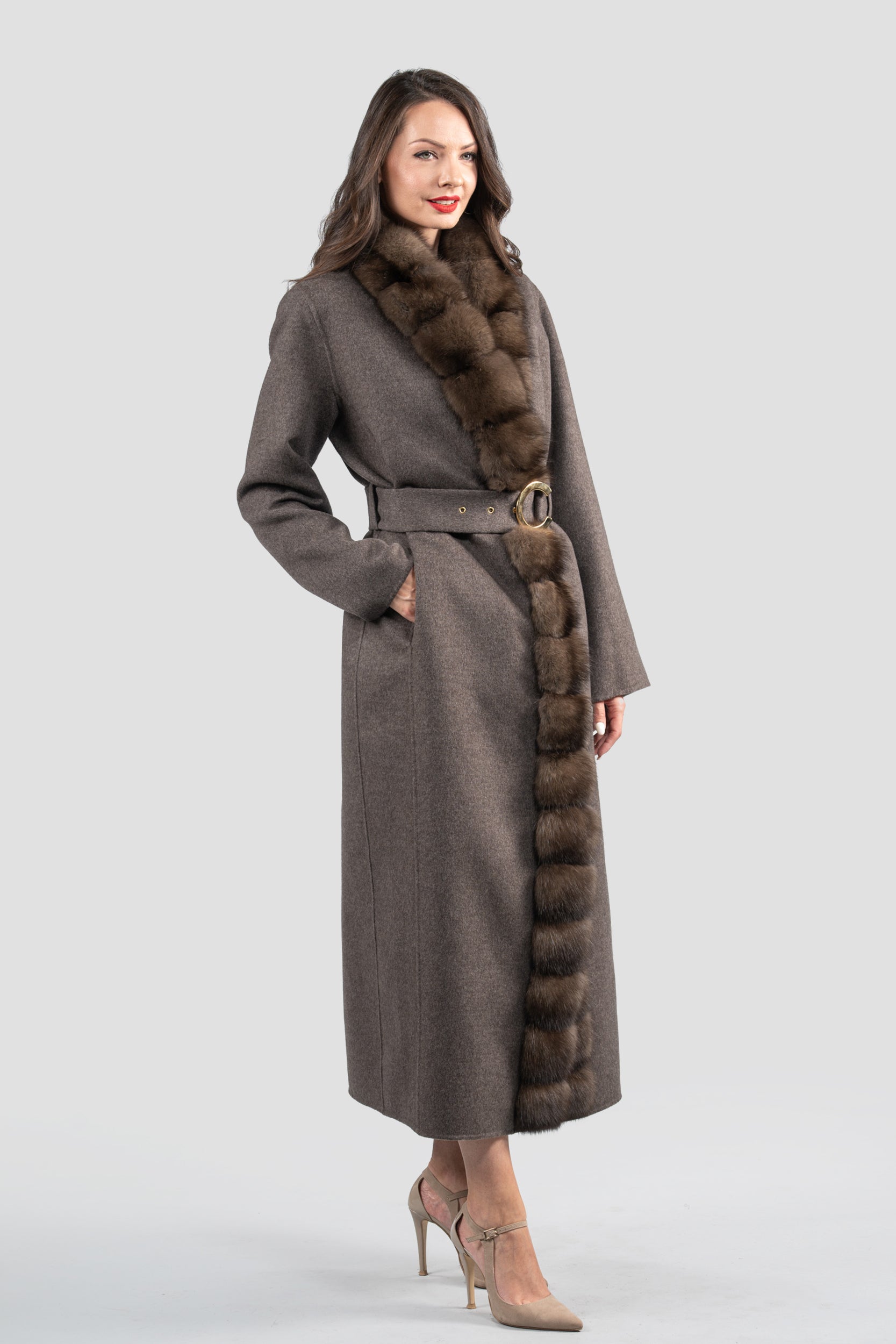 Brown Grey Cashmere Coat with Russian Sable Trim