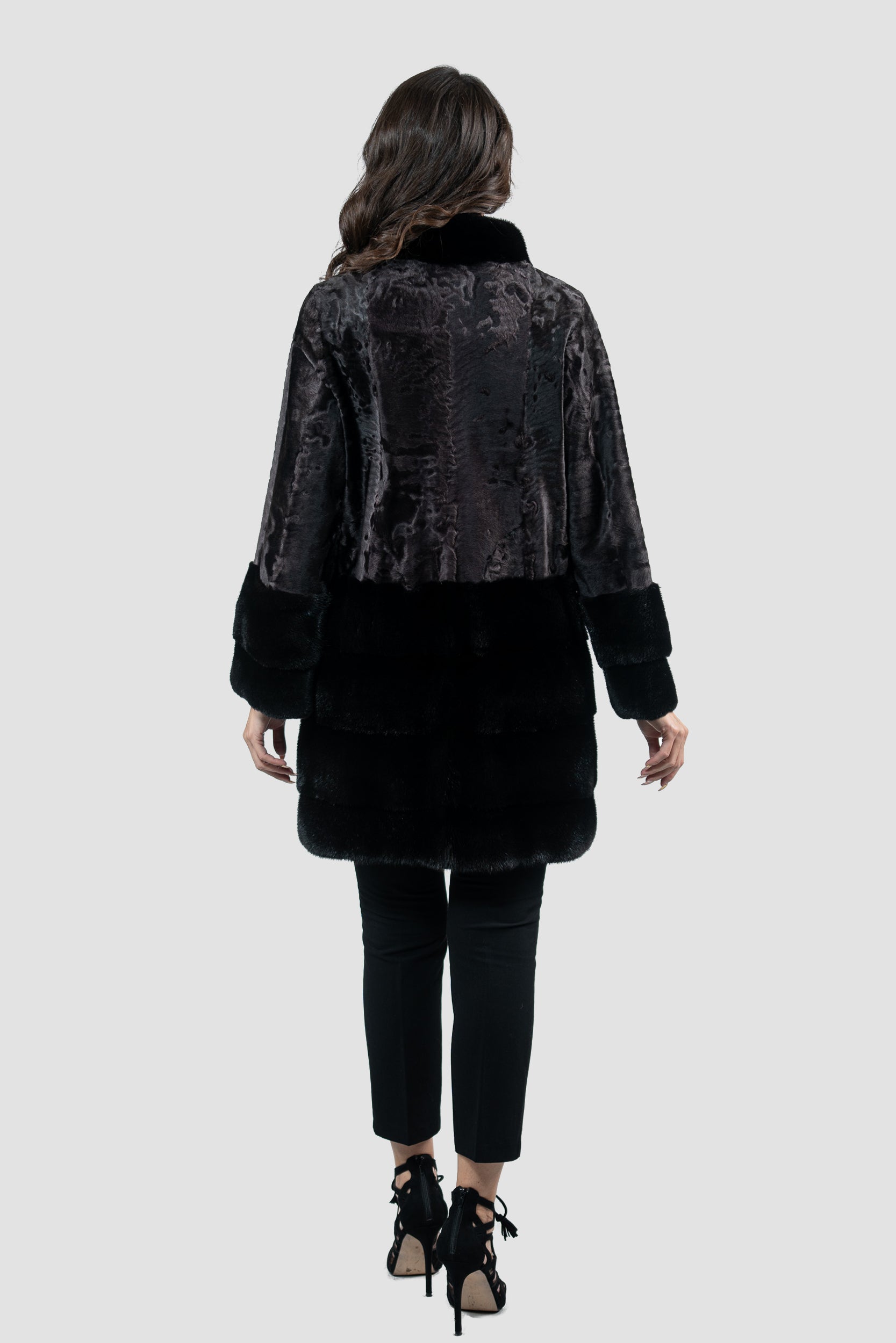 Gray Moon Swakara Half Coat with Mink Trim