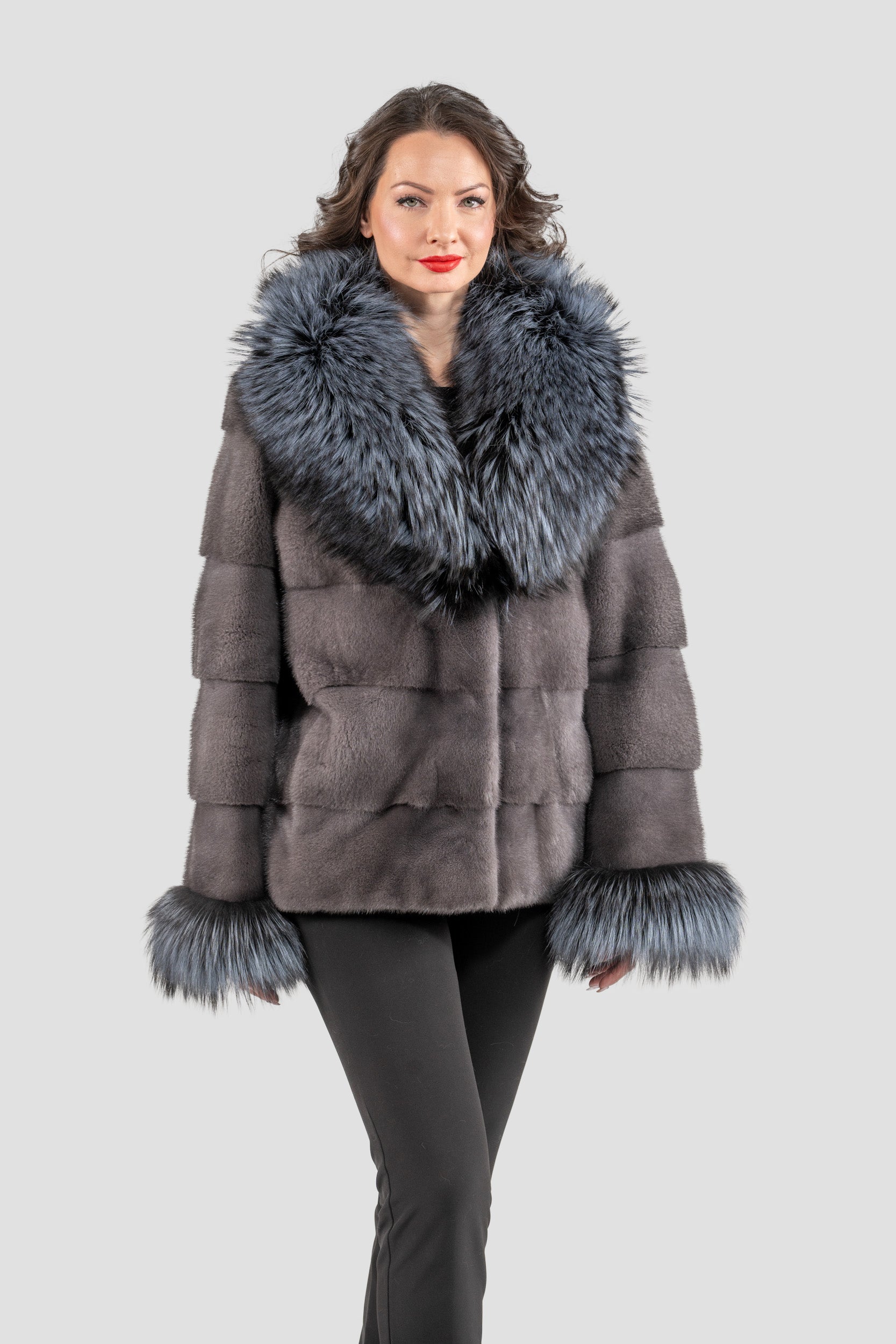 Grey Moon Mink Fur Jacket with Fox Shawl Collar and Cuffs