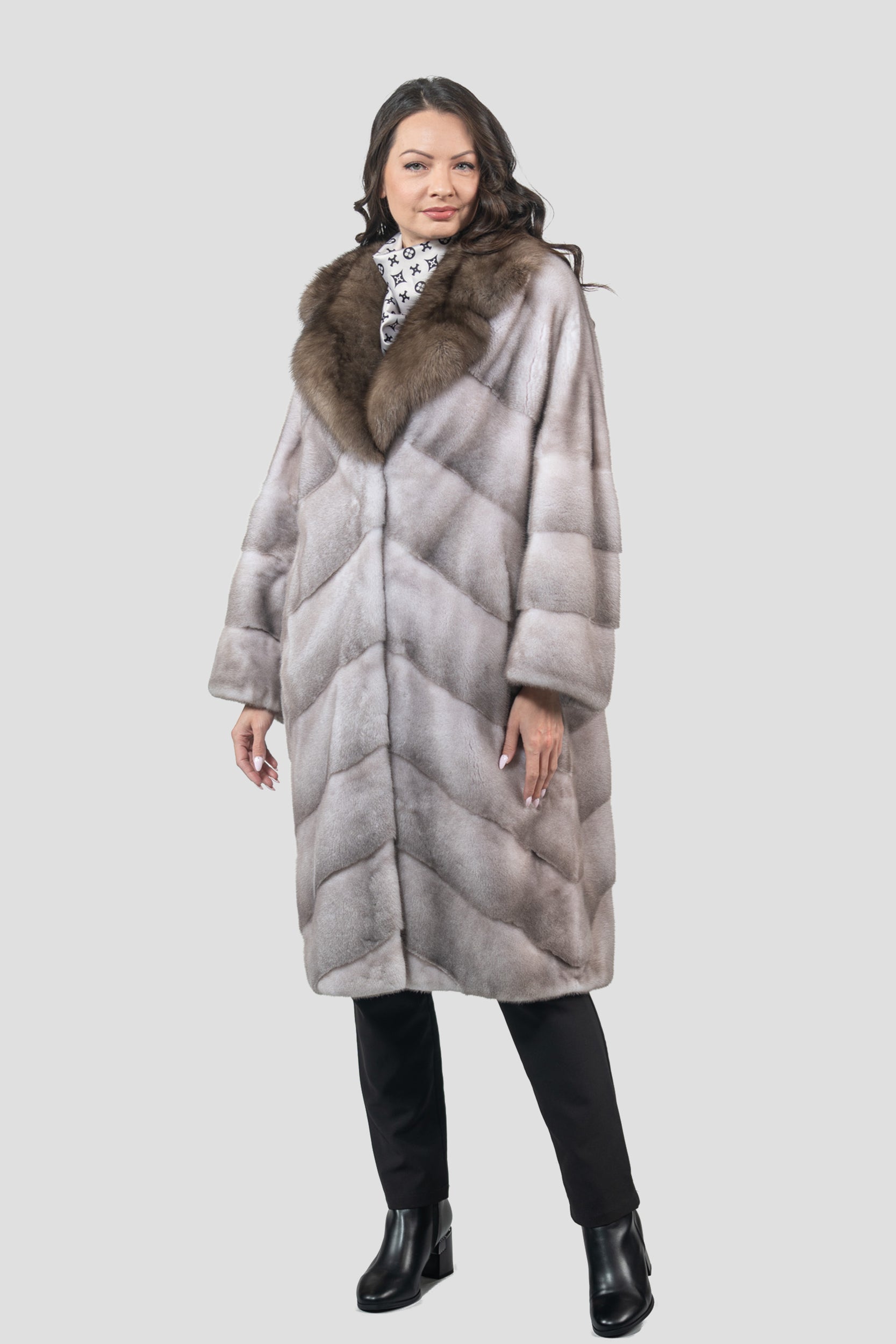 Silver Blue Mink Coat with Russian Sable Trimmed Notch Collar