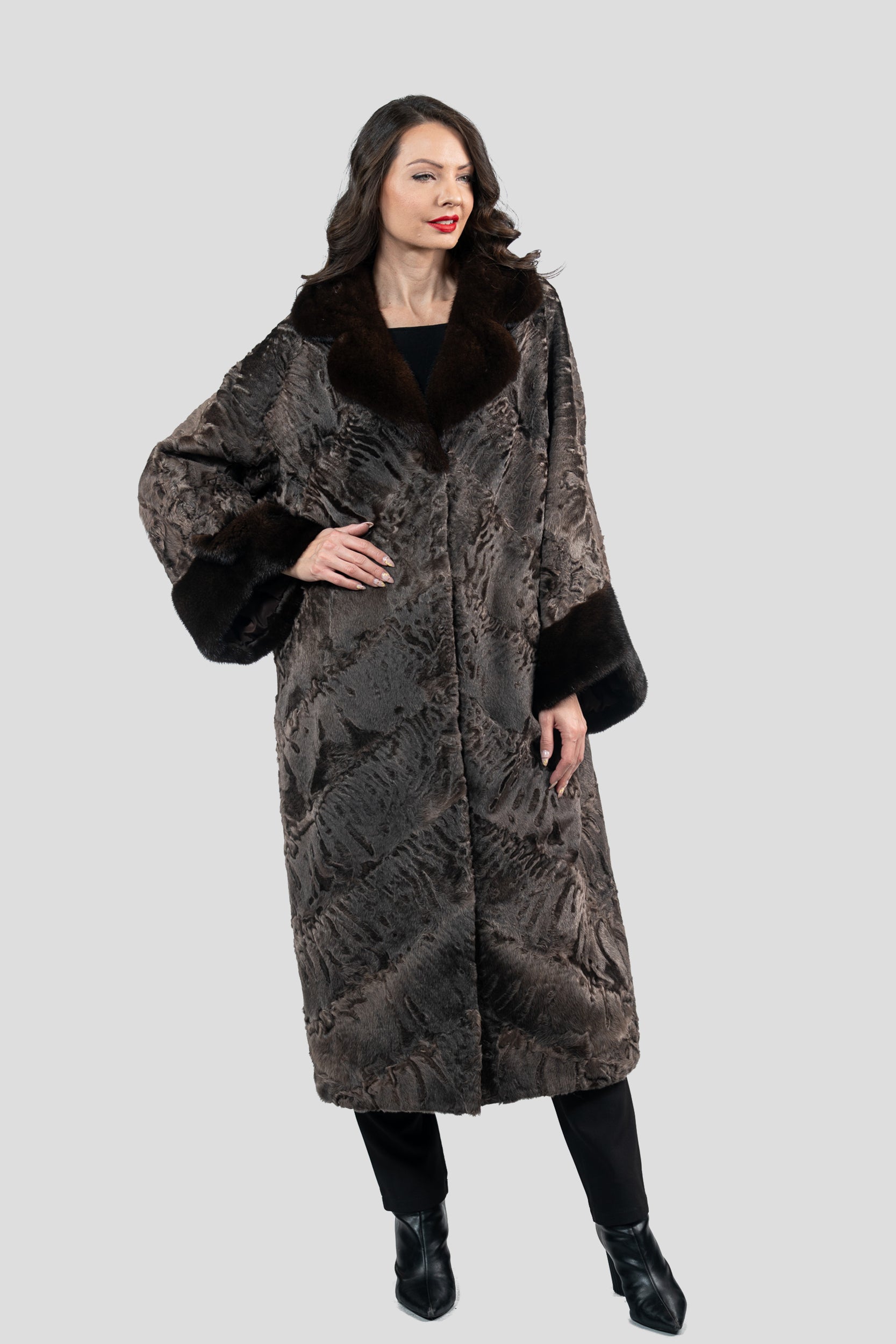 Chocolate Swakara Coat with Mink Trim