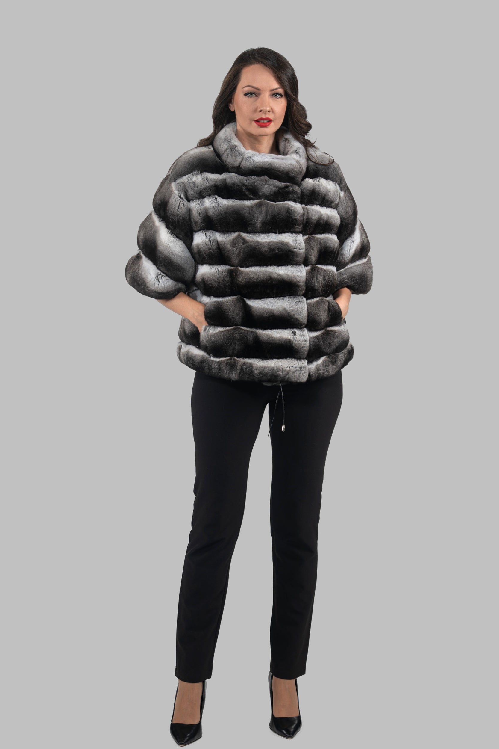 Chinchilla Jacket with Stand Collar and Short Sleeves