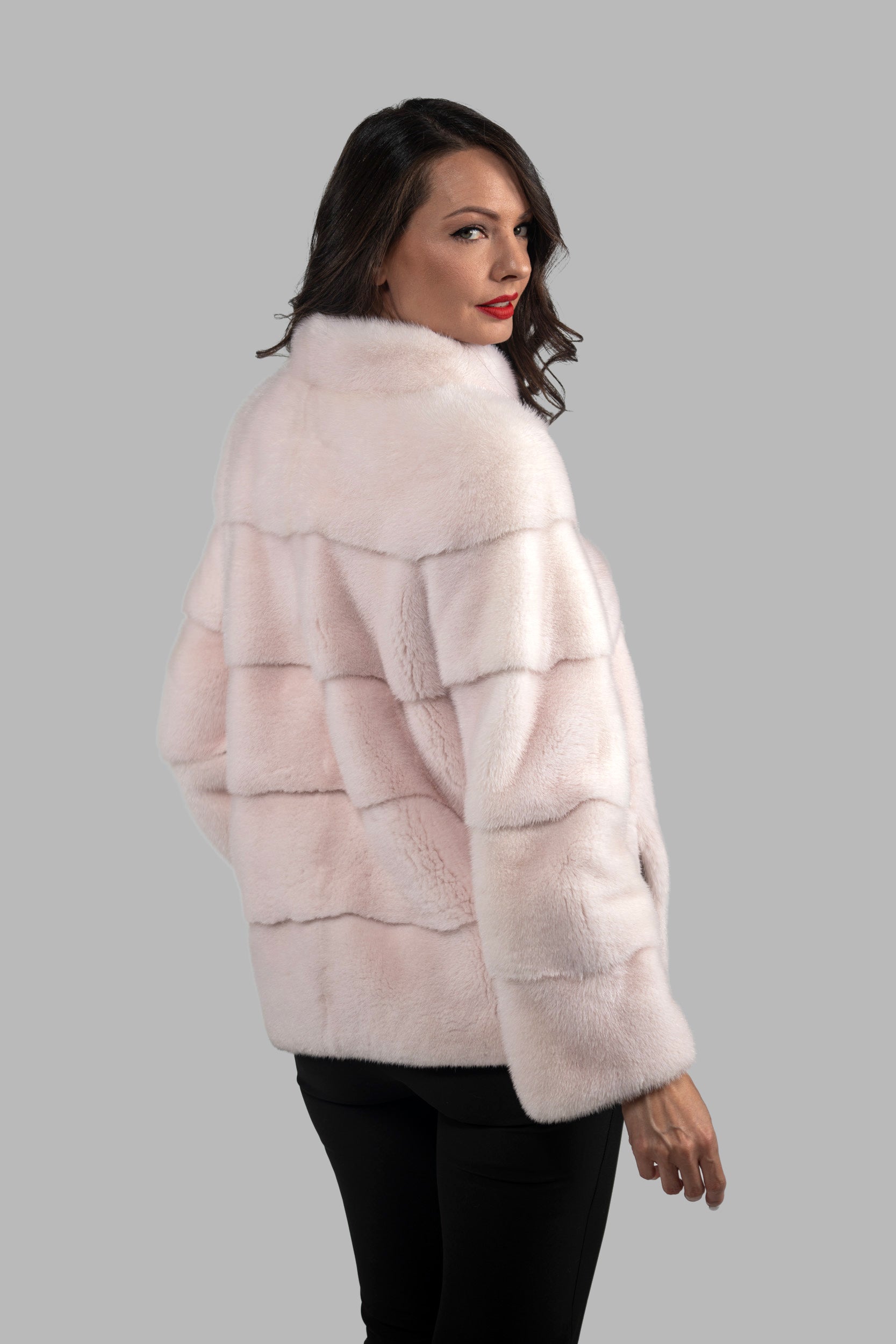 Powder Pink Mink Jacket with Stand Collar