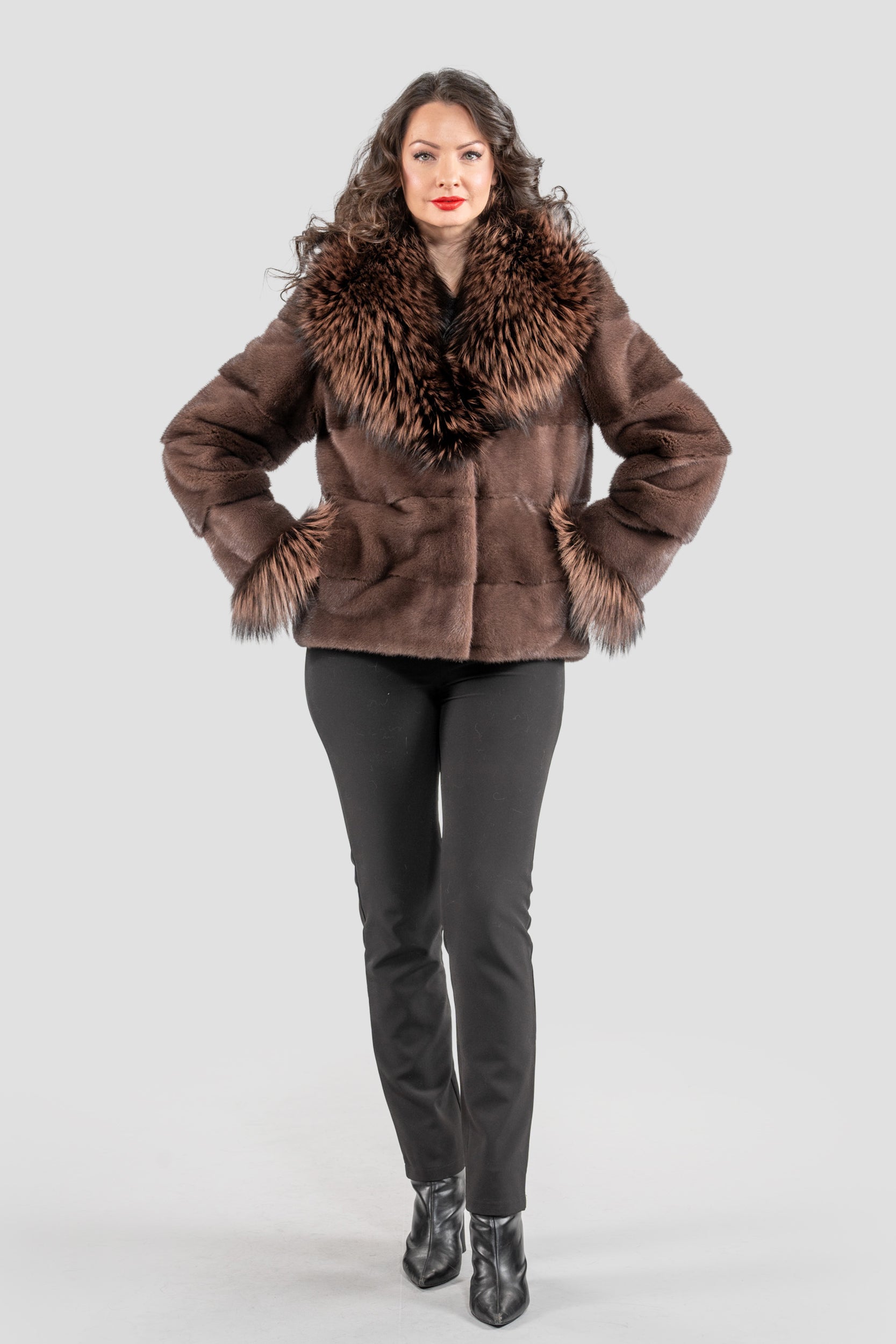 Wood Mink Jacket with Fox Trimmed Shawl Collar