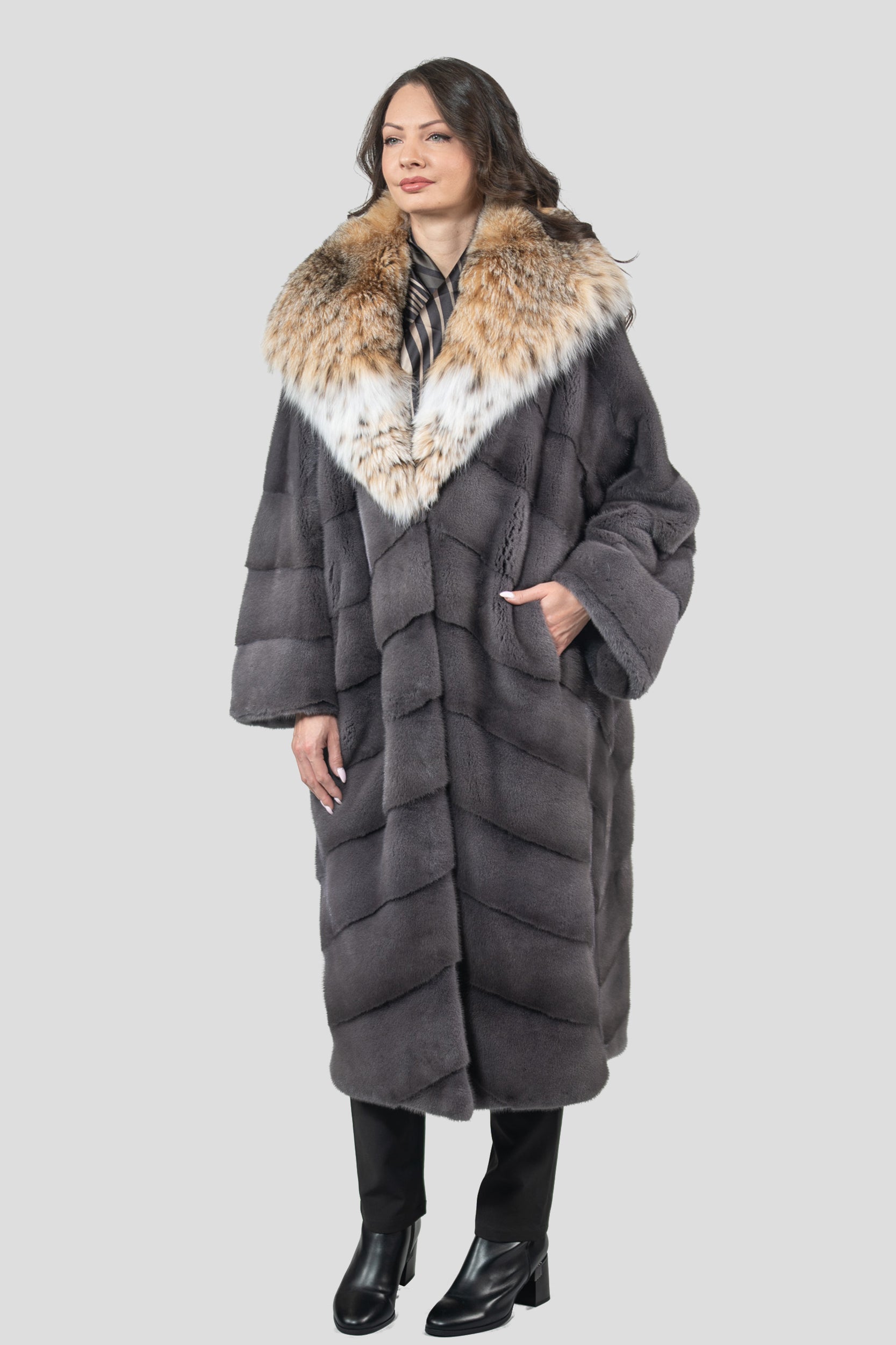Grey Moon Mink Coat with Bobcat Hood