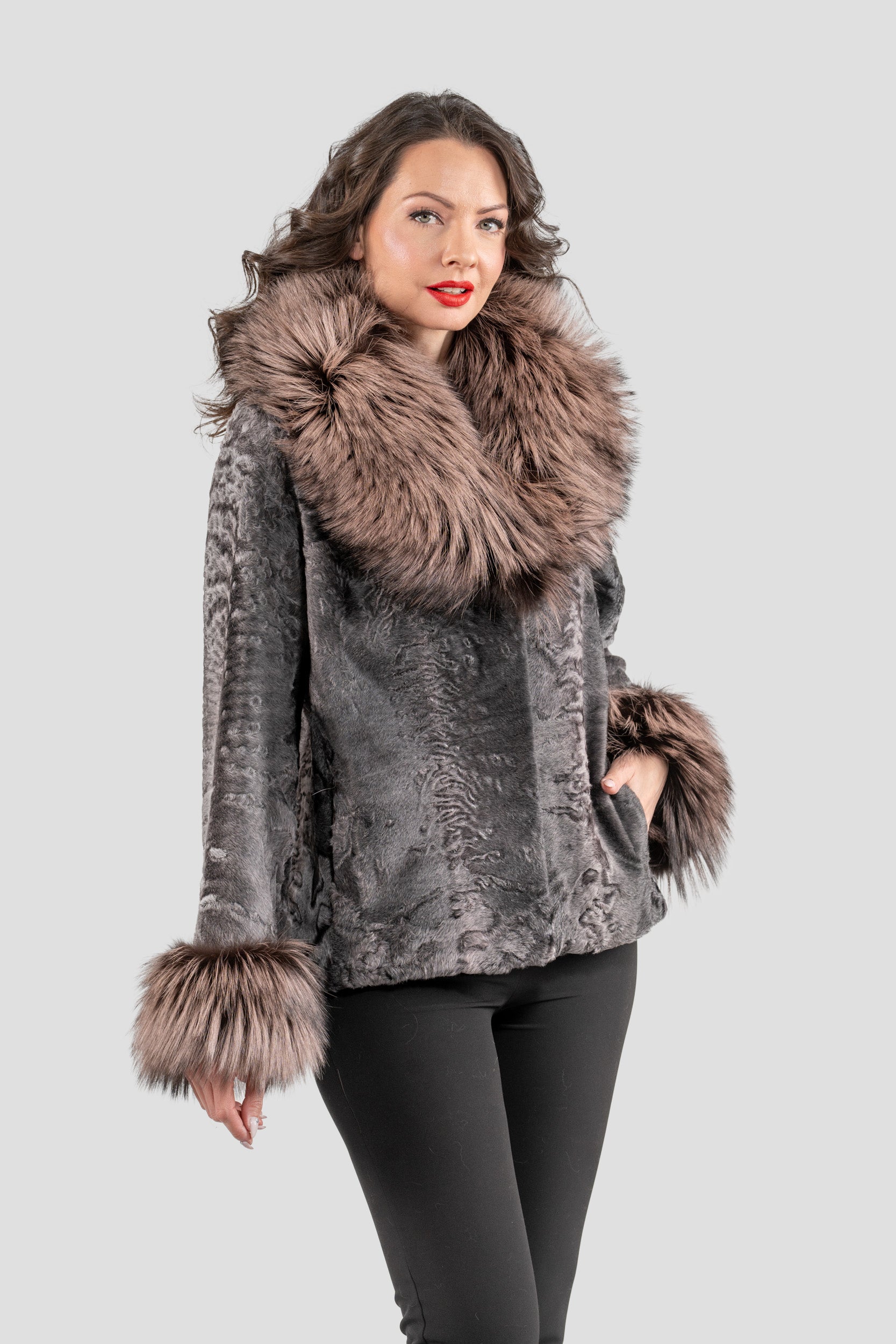 Grey Moon Swakara Jacket with Fox Fur Trim Notch Collar and Cuffs
