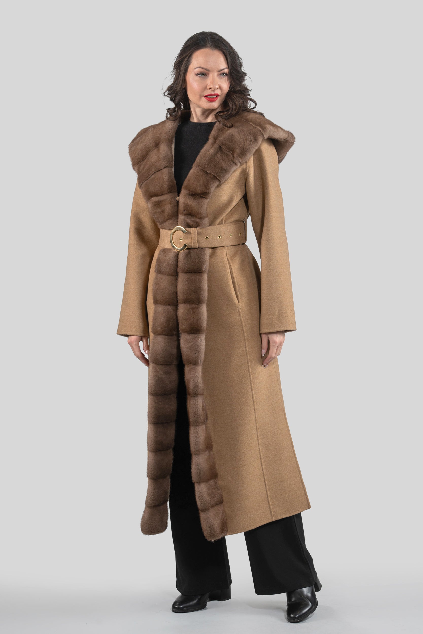 Beige Ecru Cashmere Hooded Coat with Mink Trim