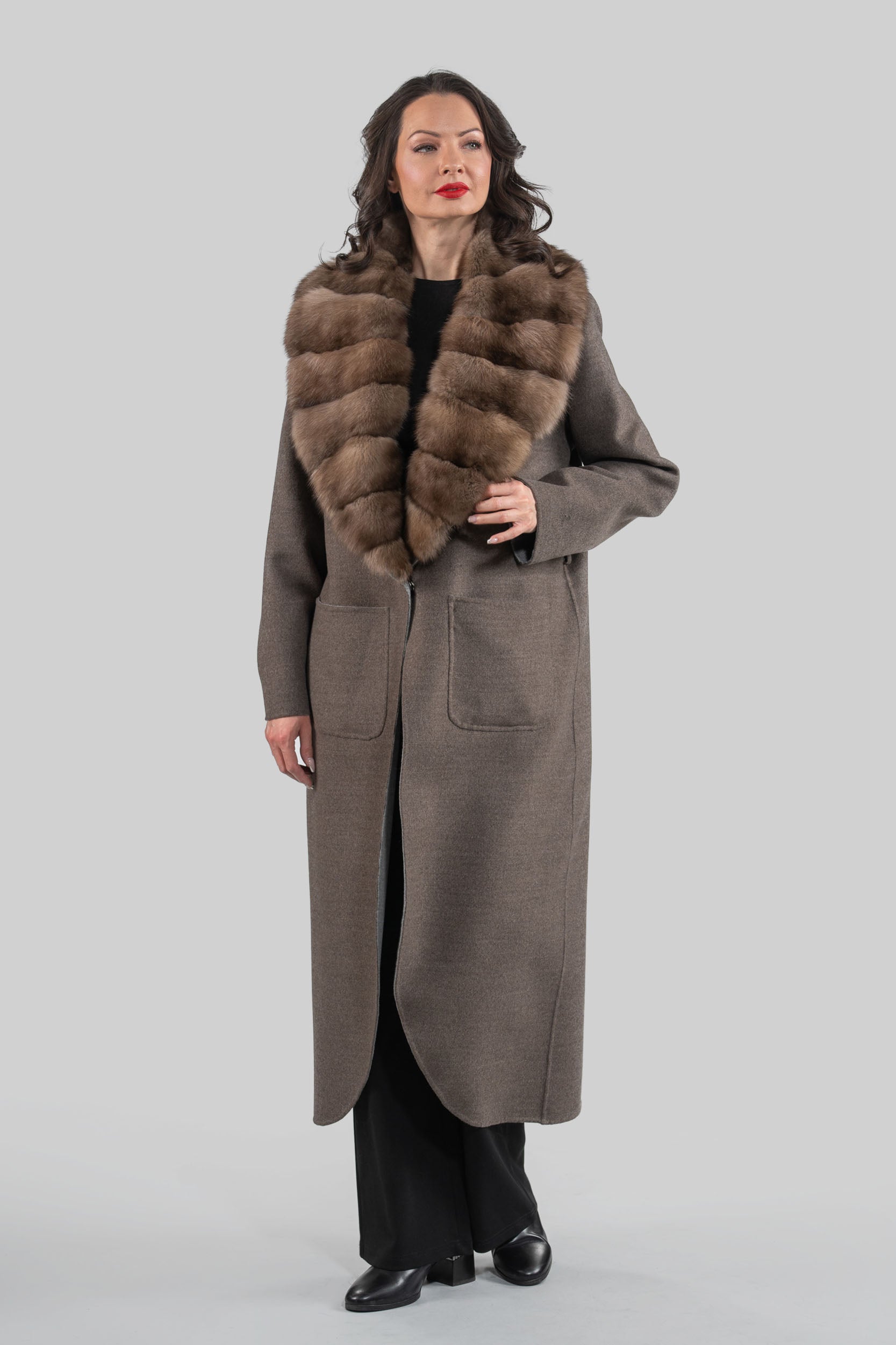 Brown Grey Cashmere Coat with Russian Sable Notch Collar