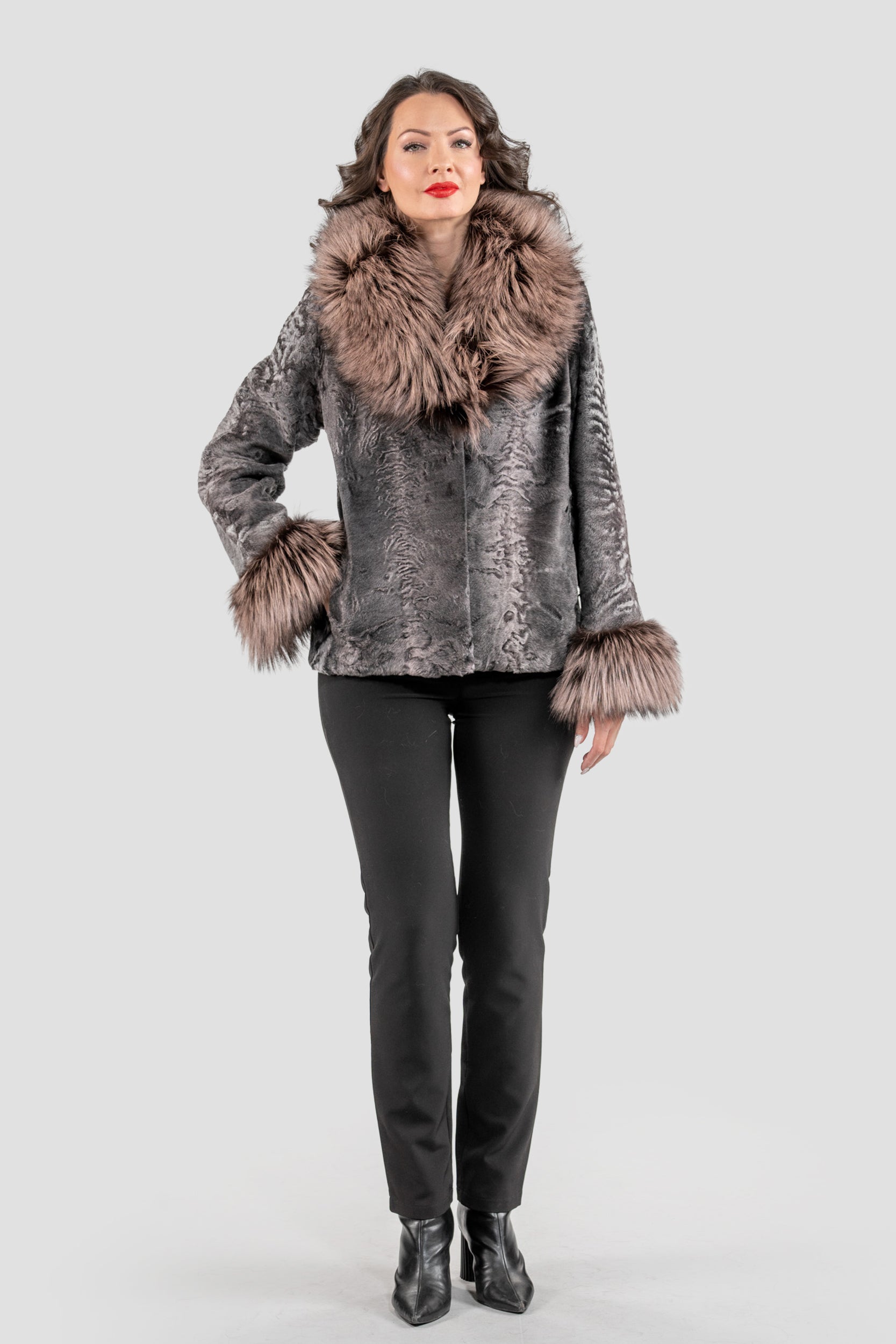 Grey Moon Swakara Jacket with Fox Fur Trim Notch Collar and Cuffs