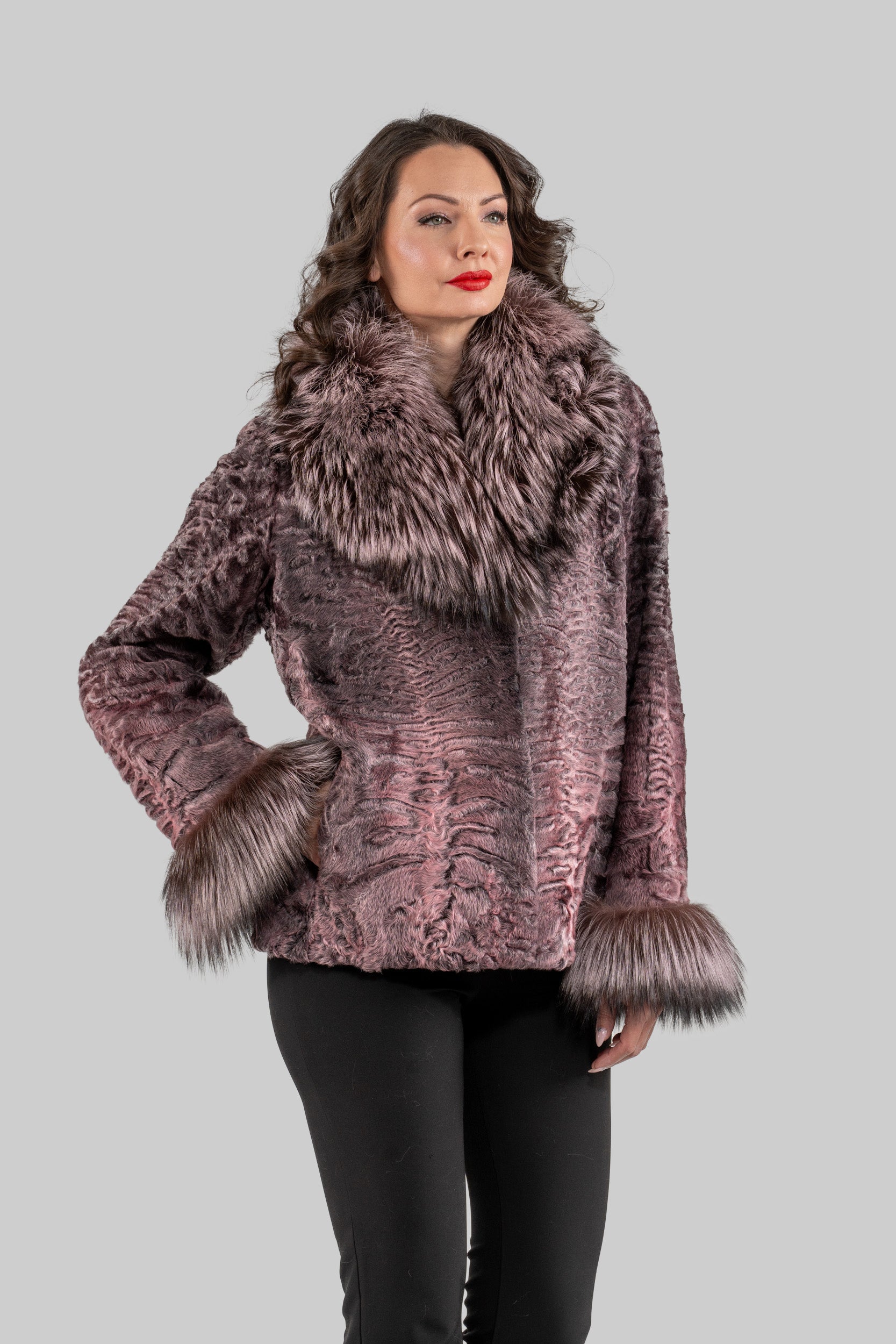 Swakara Jacket With Fox Fur Trim Notch Collar and Cuffs in Pink