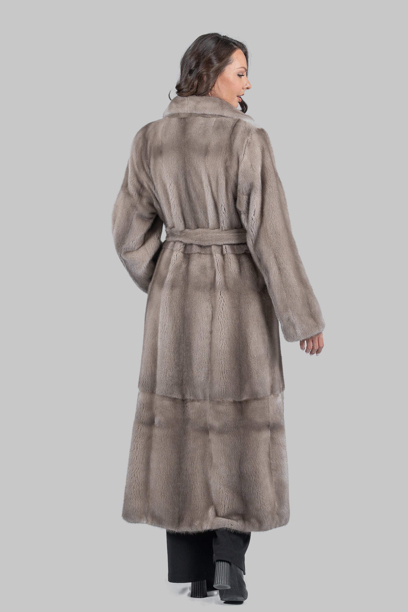 Silver Blue Skin to Skin Belted Mink Long Coat