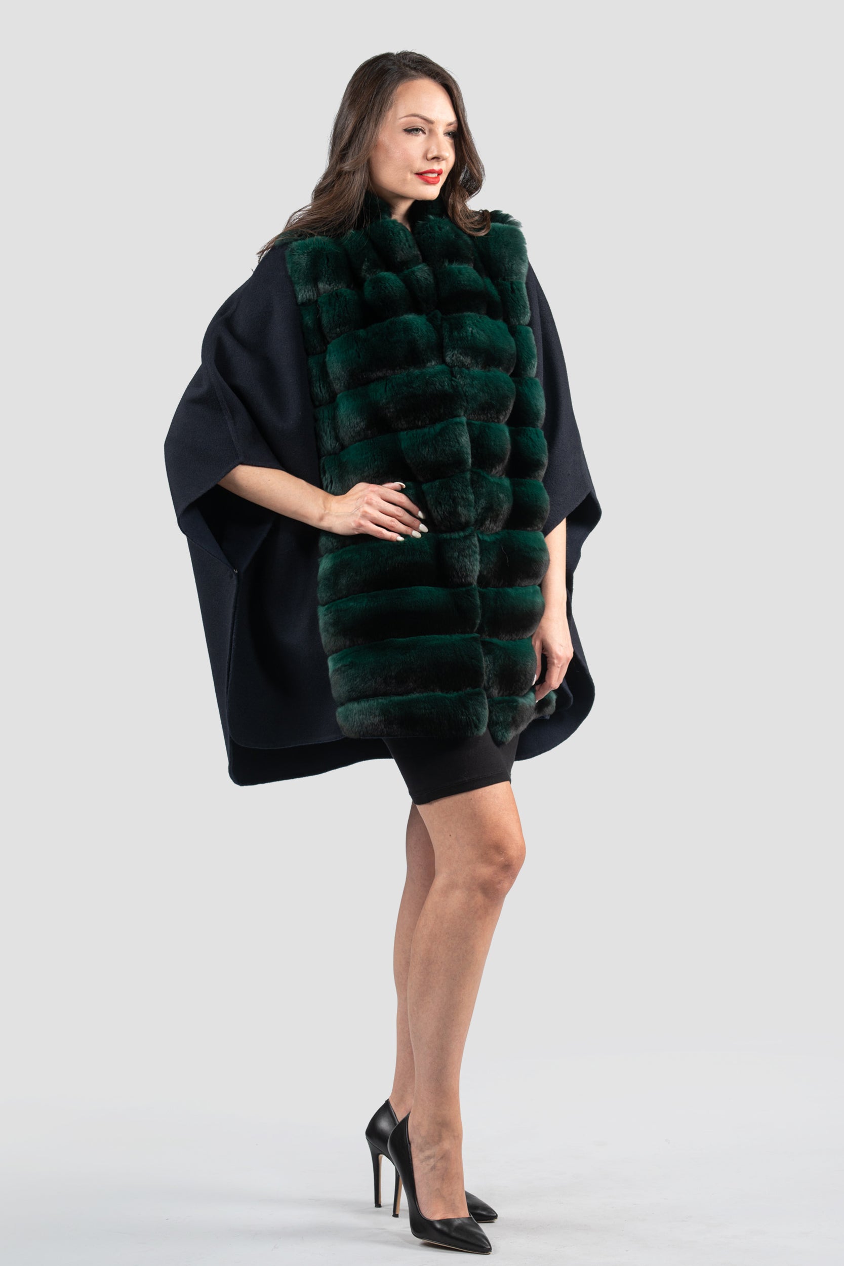 Blue Black Cashmere Cape with Chinchilla Trim