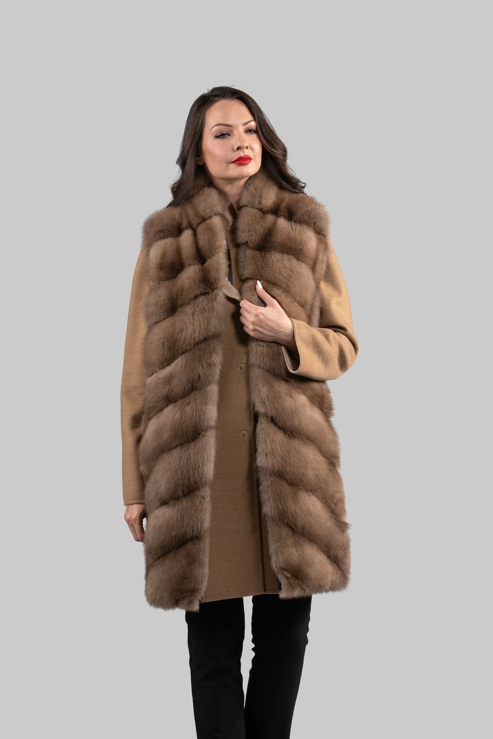 Beige Cashmere Half Coat & Vest with Baumarten Trim