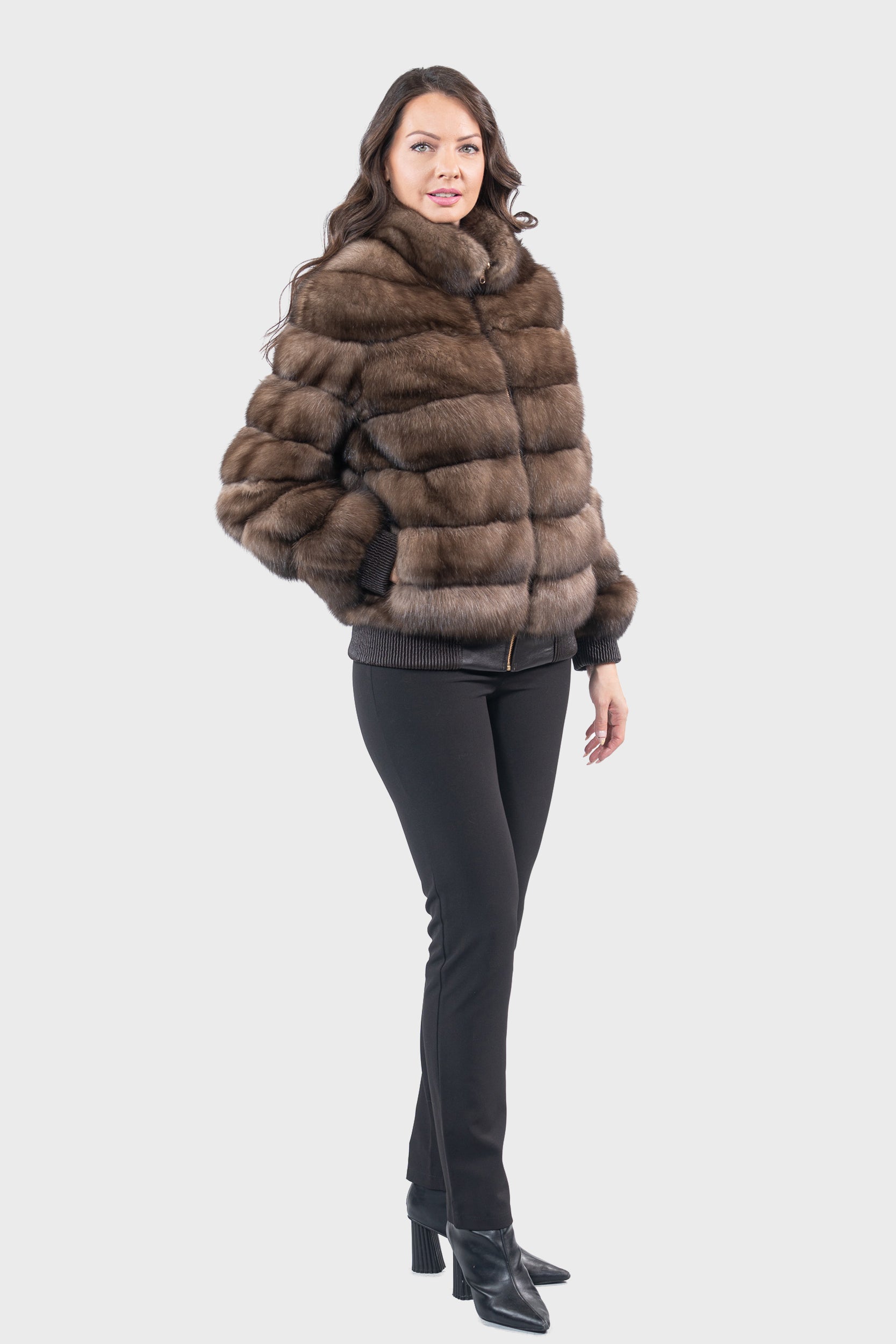 Reversible Titanium Russian Sable Bomber Jacket with Stand Collar