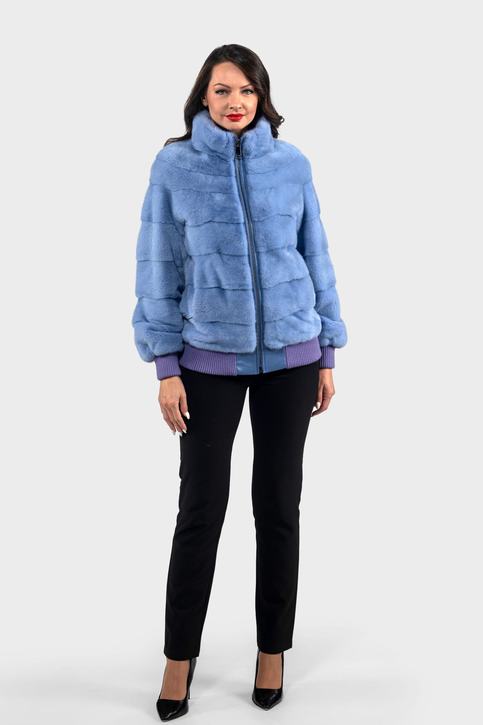Aqua Marine Mink Bomber Jacket with Stand Collar