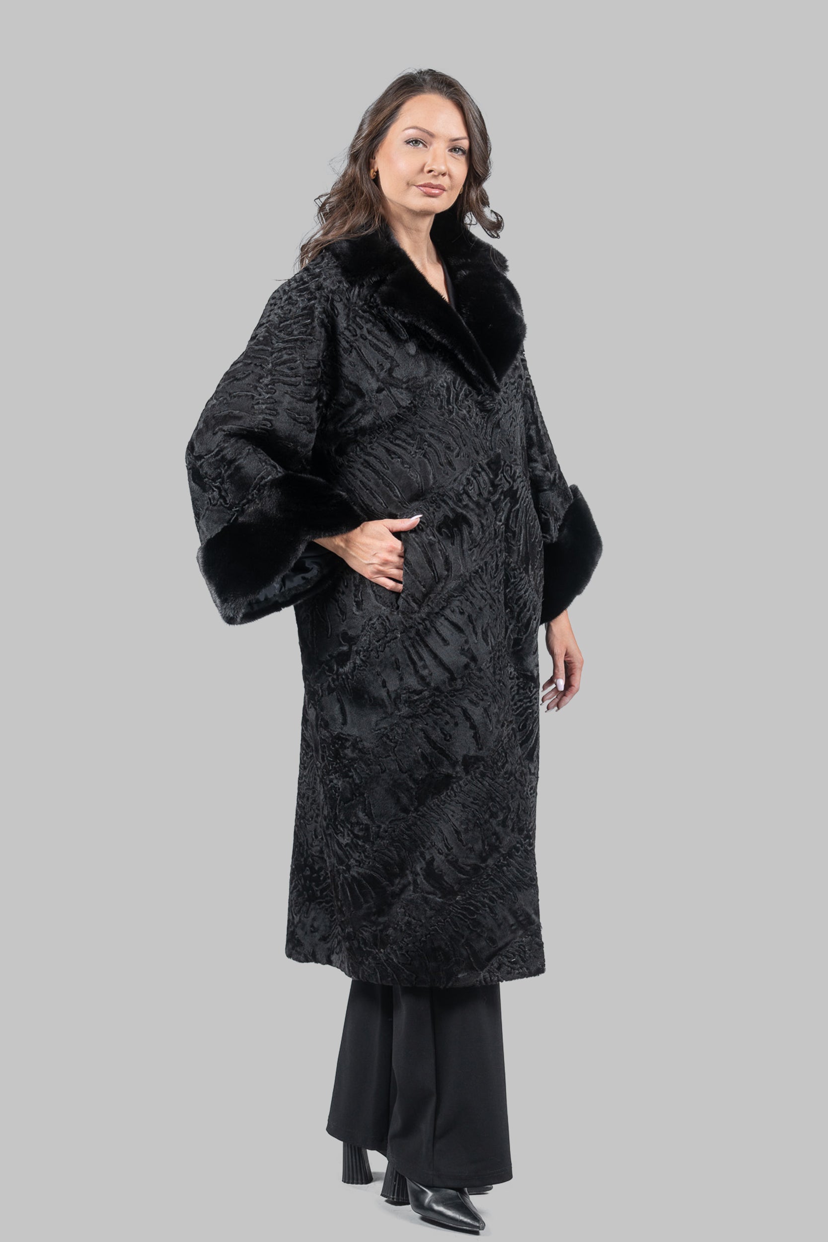 Black Swakara Coat with Mink-Trimmed Notch Collar