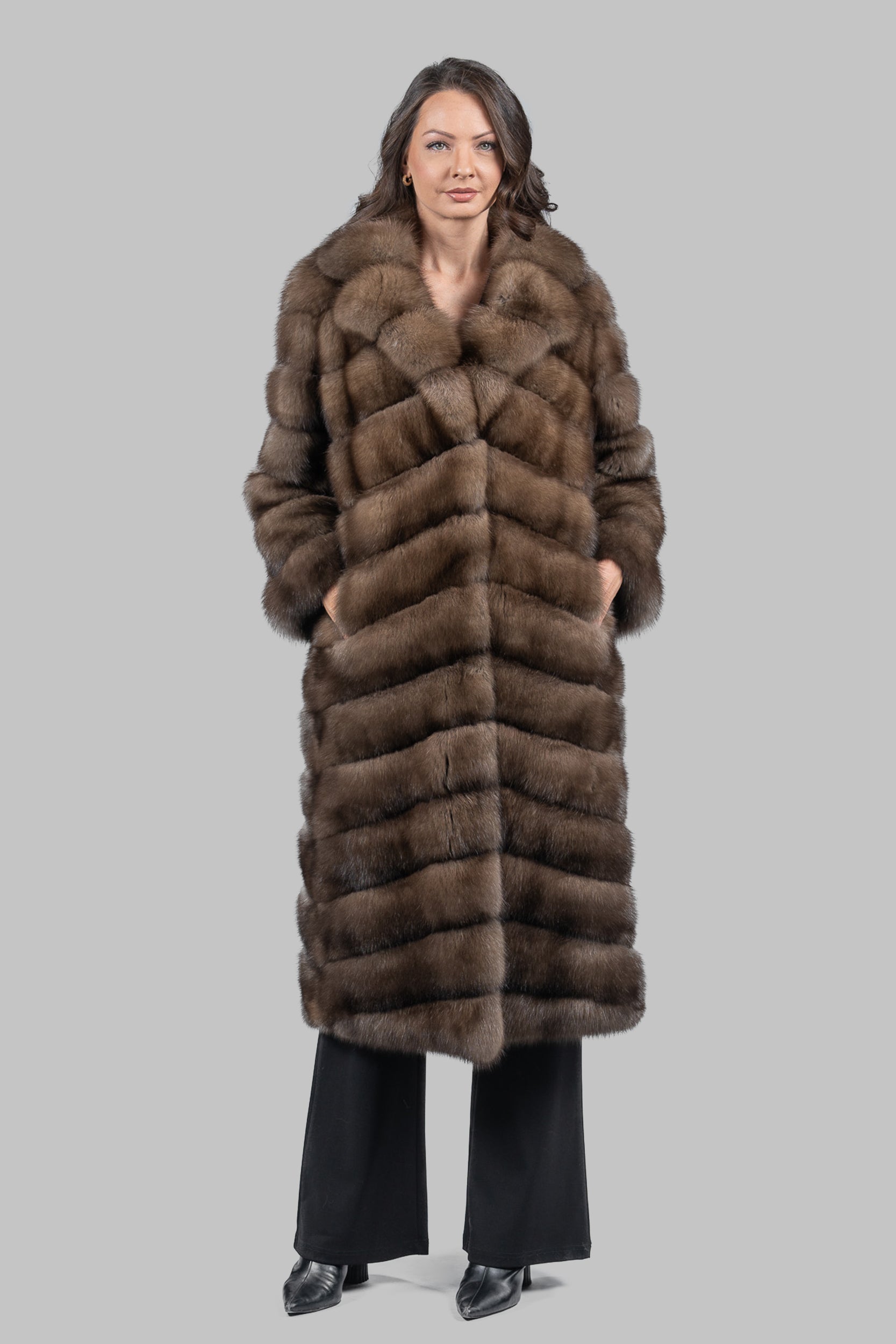 CASIANI | Graphite Russian Sable Full-Length Coat with Notch Collar