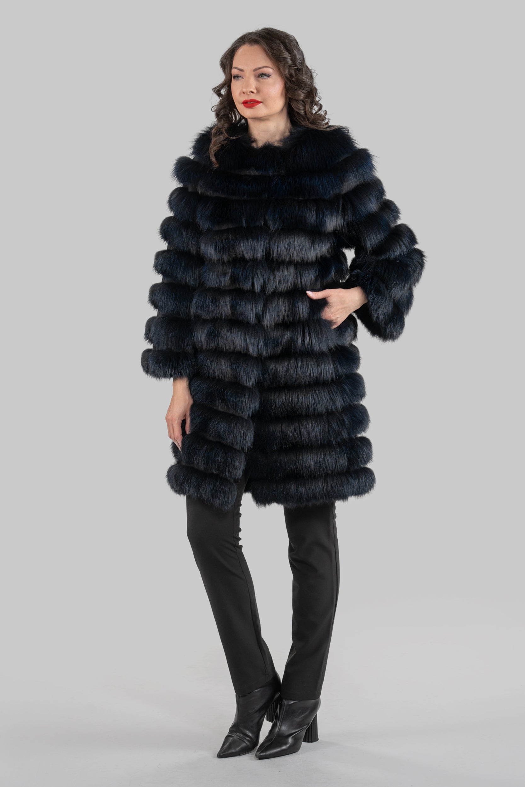 Blue Black Fox Collarless Half Coat