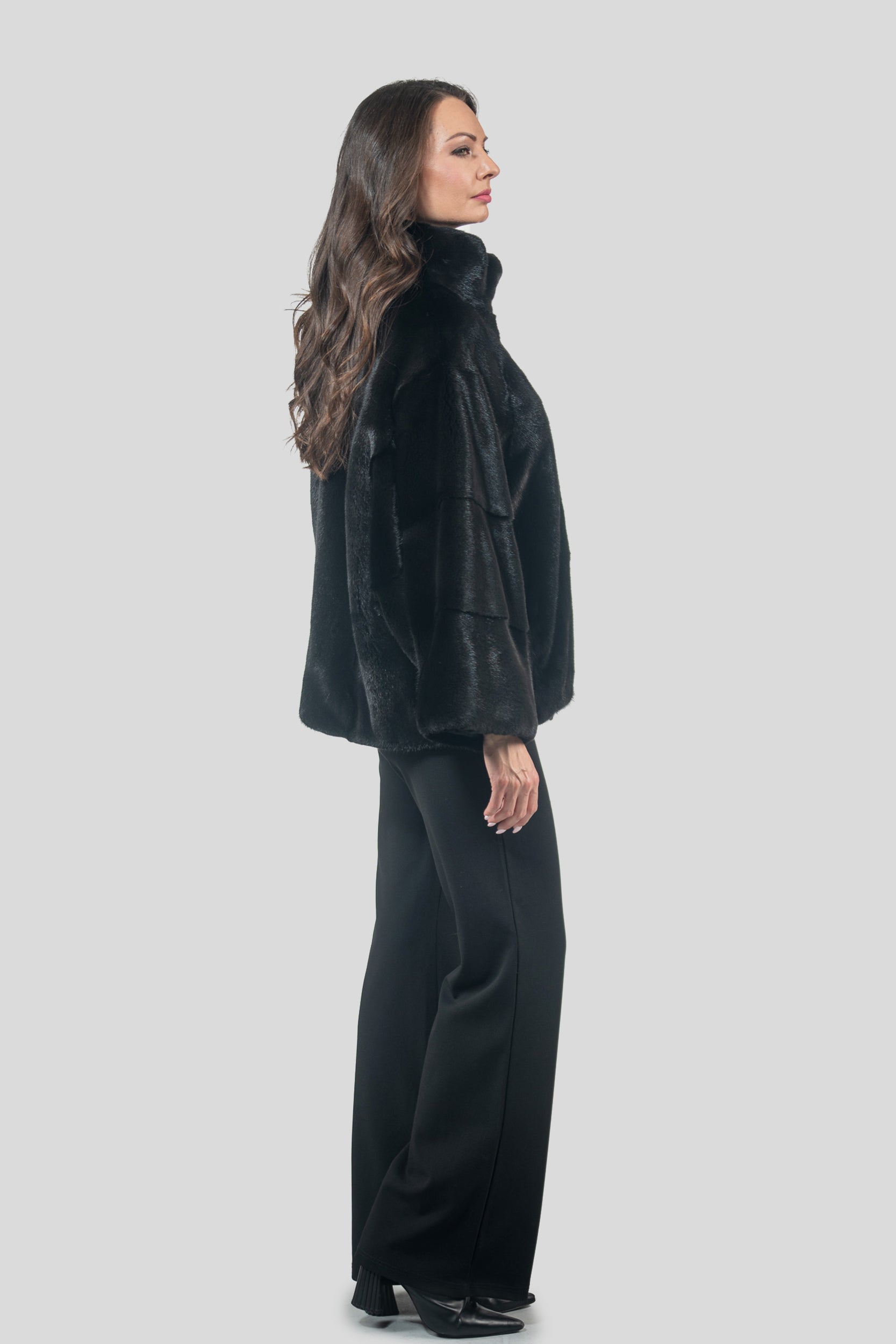 Black Mink Jacket with Stand Collar and Short Sleeves