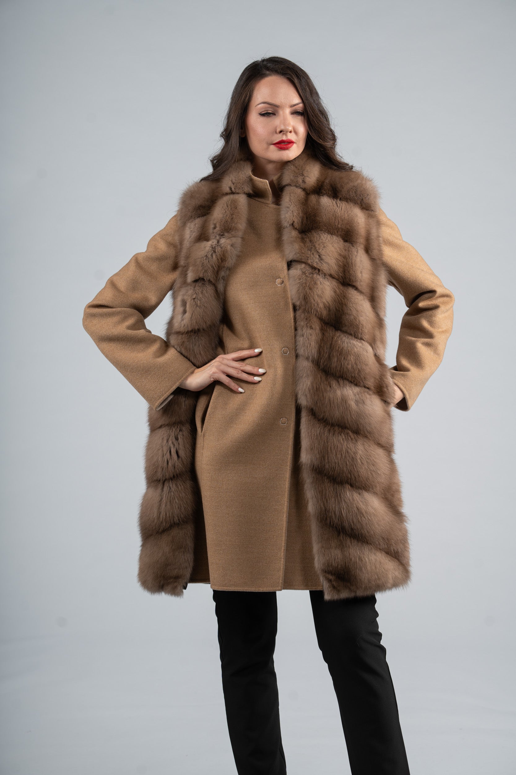 Beige Cashmere Half Coat & Vest with Baumarten Trim