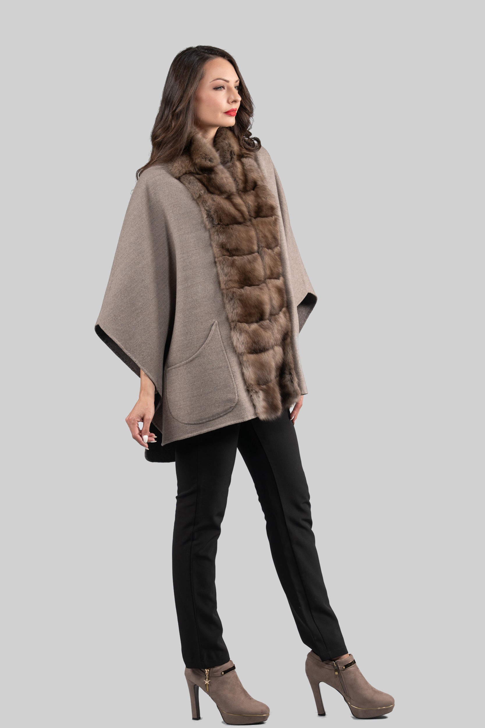 Grey Brown Cashmere Cape with Russian Sable Trim