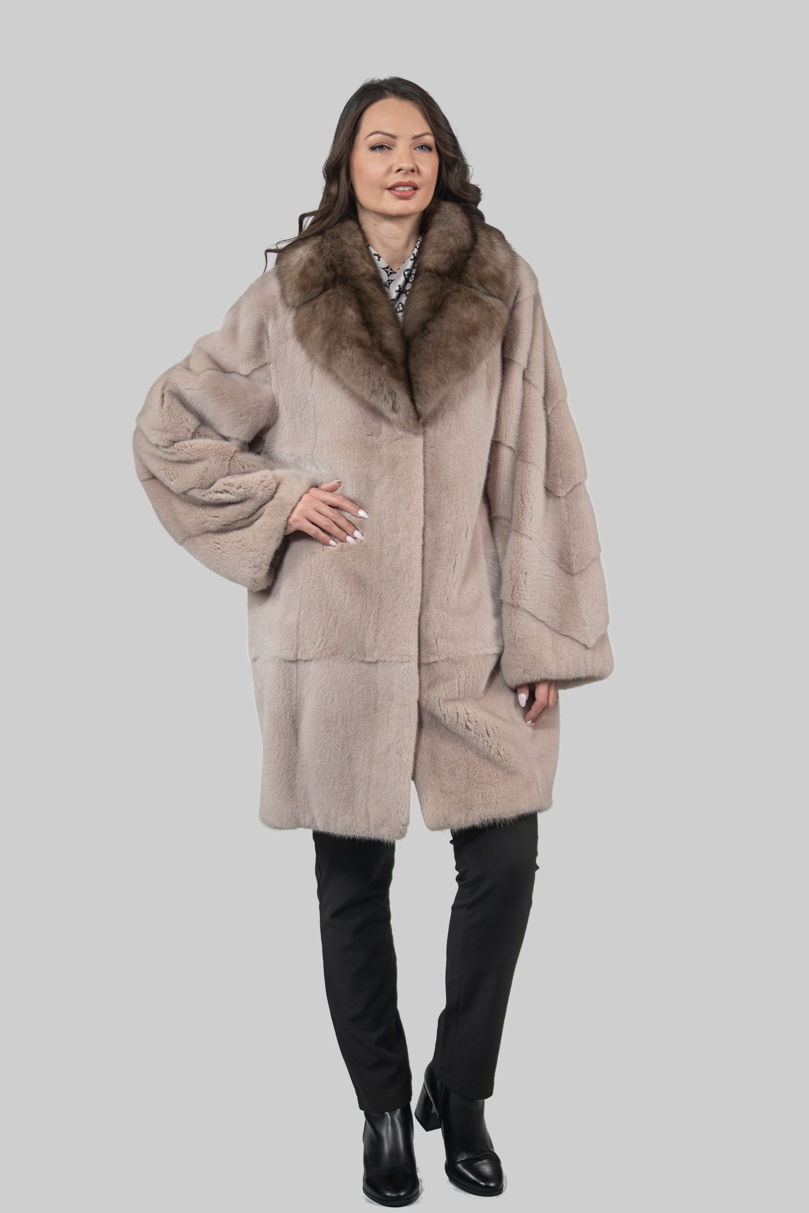 Tiramisu Mink Half Coat with Russian Sable-Trimmed Notch Collar