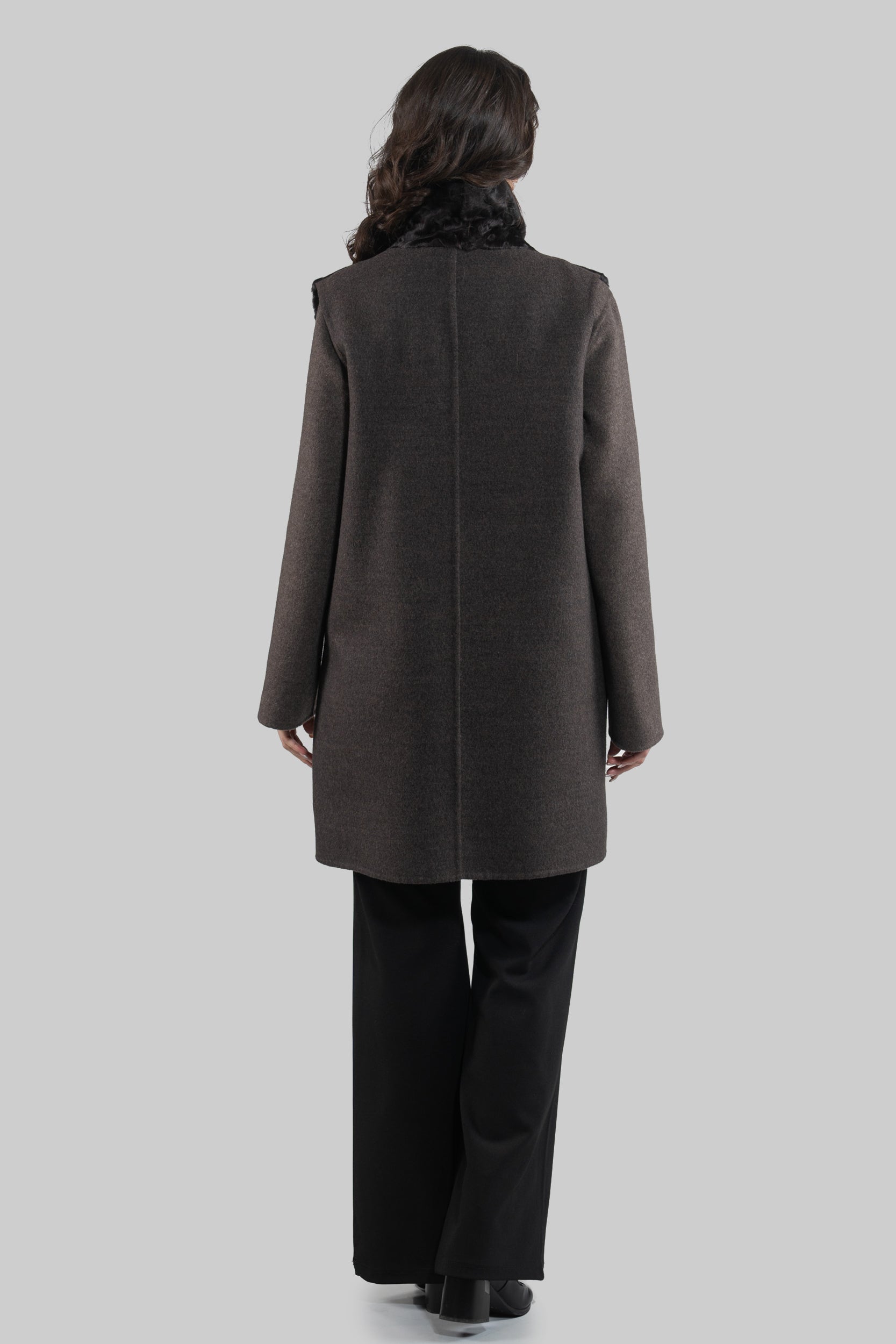 Grey Cashmere Half Coat & Vest with Swakara Fur Trim