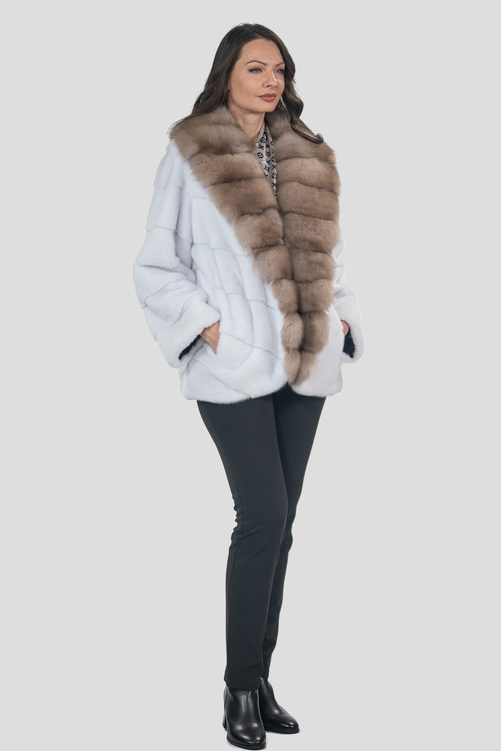 White Mink Half Coat with Baumarten Trim