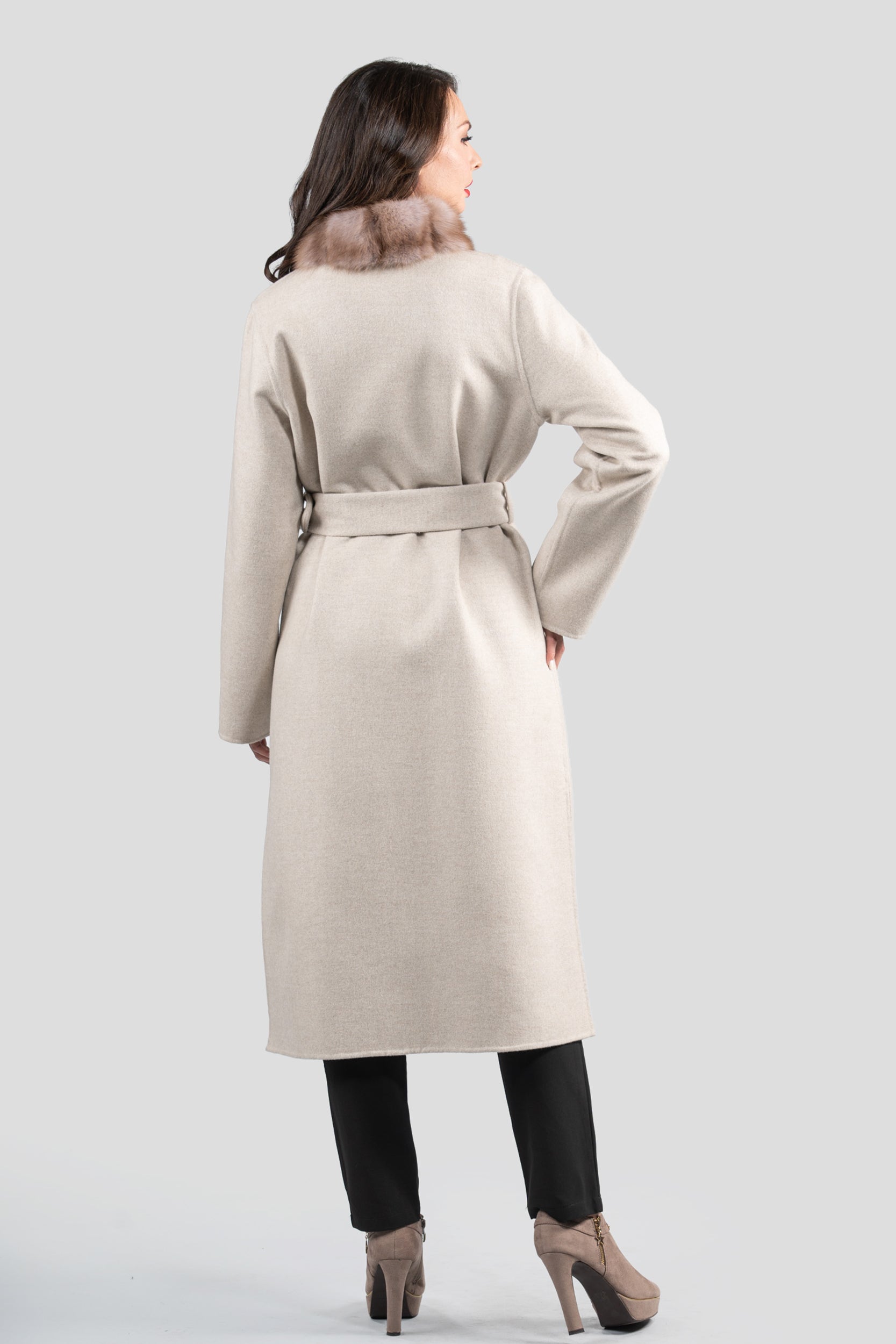 White Ecru Cashmere Coat with Russian Sable Trim