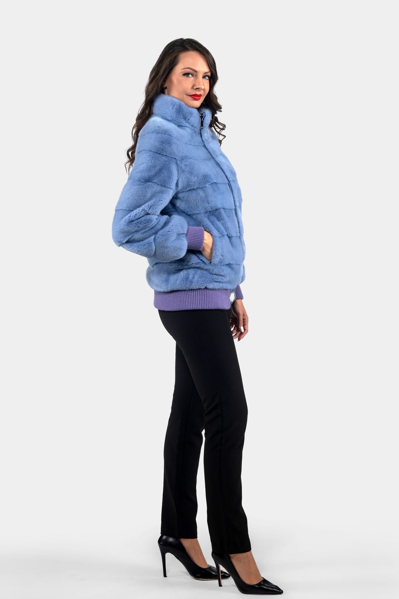 Aqua Marine Mink Bomber Jacket with Stand Collar