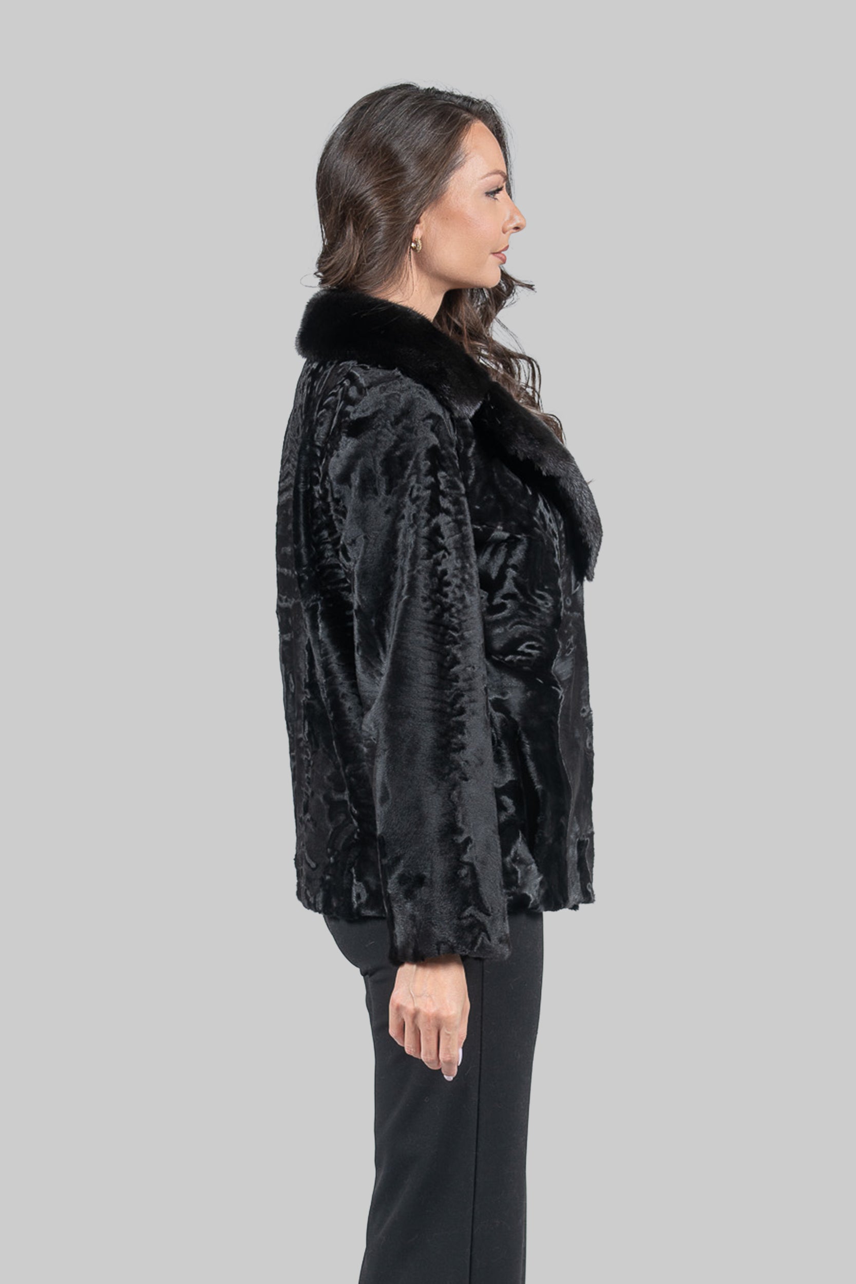 Black Swakara Jacket with Mink-Trimmed Notch Collar