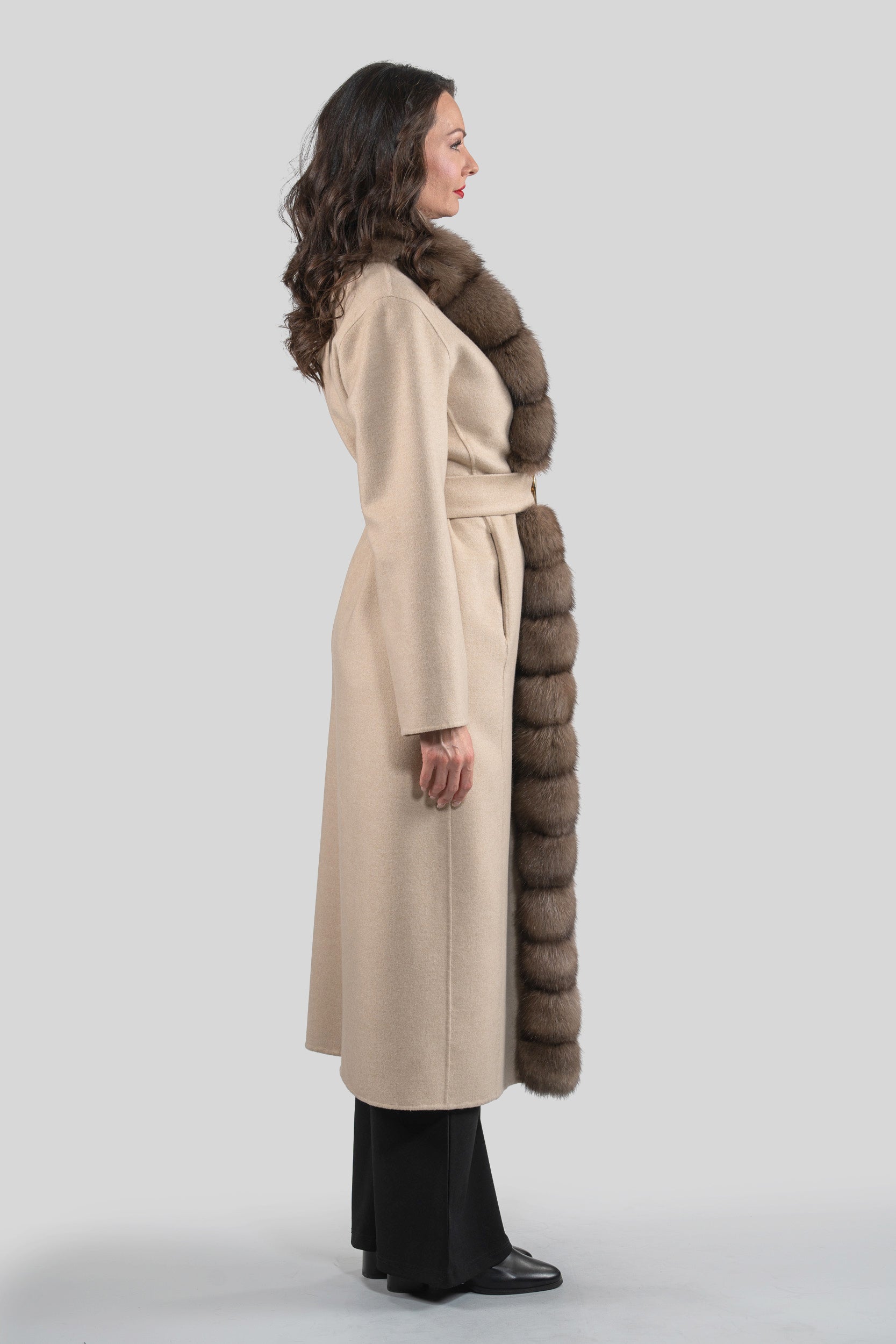 Ecru Beige Cashmere Coat with Russian Sable Trim