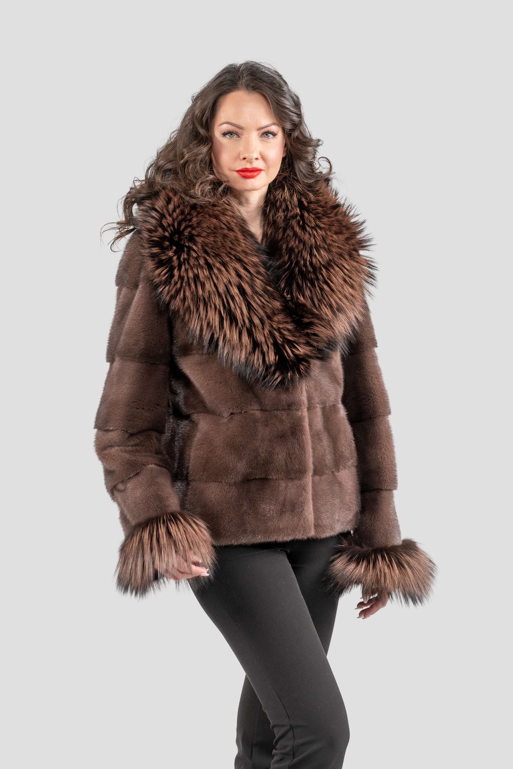 Wood Mink Jacket with Fox Trimmed Shawl Collar