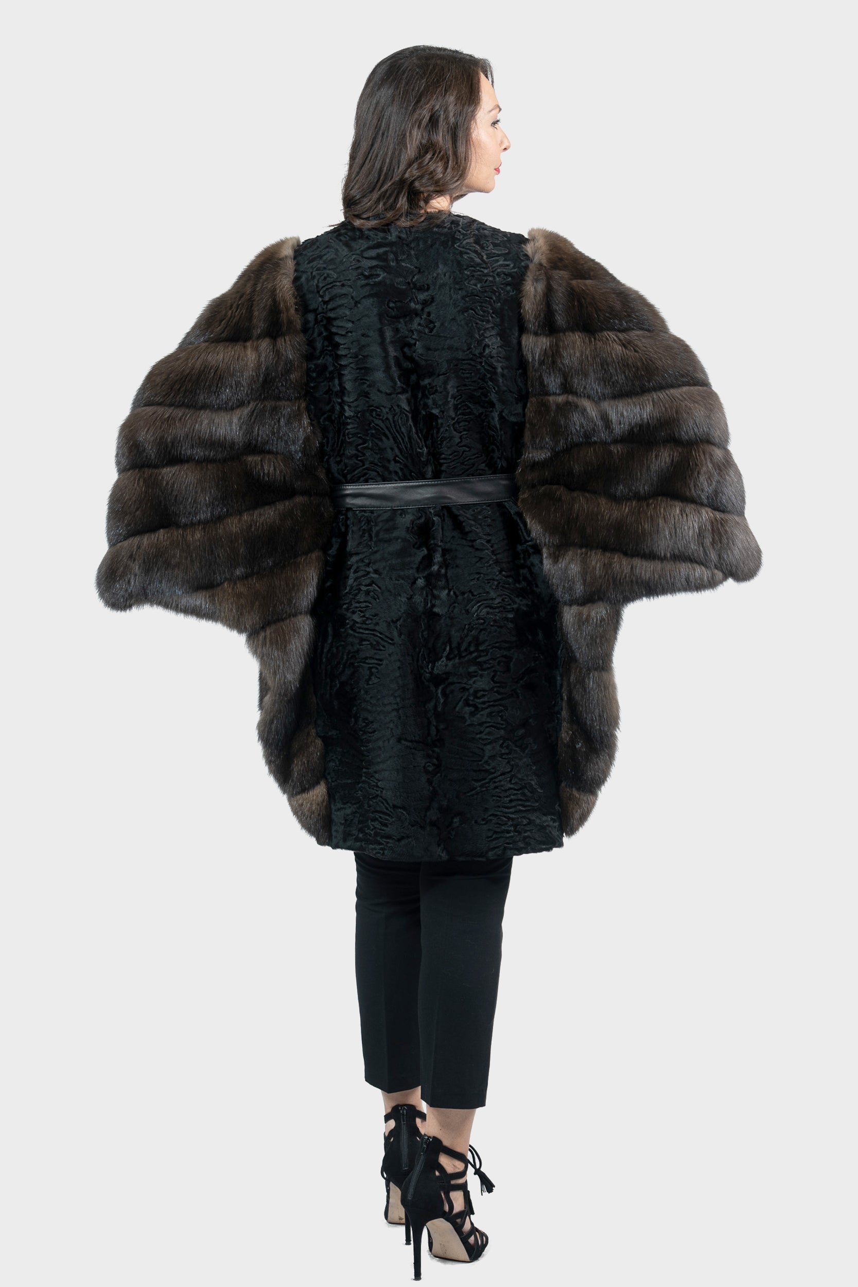 Black Swakara Cape with Russian Sable Sleeves