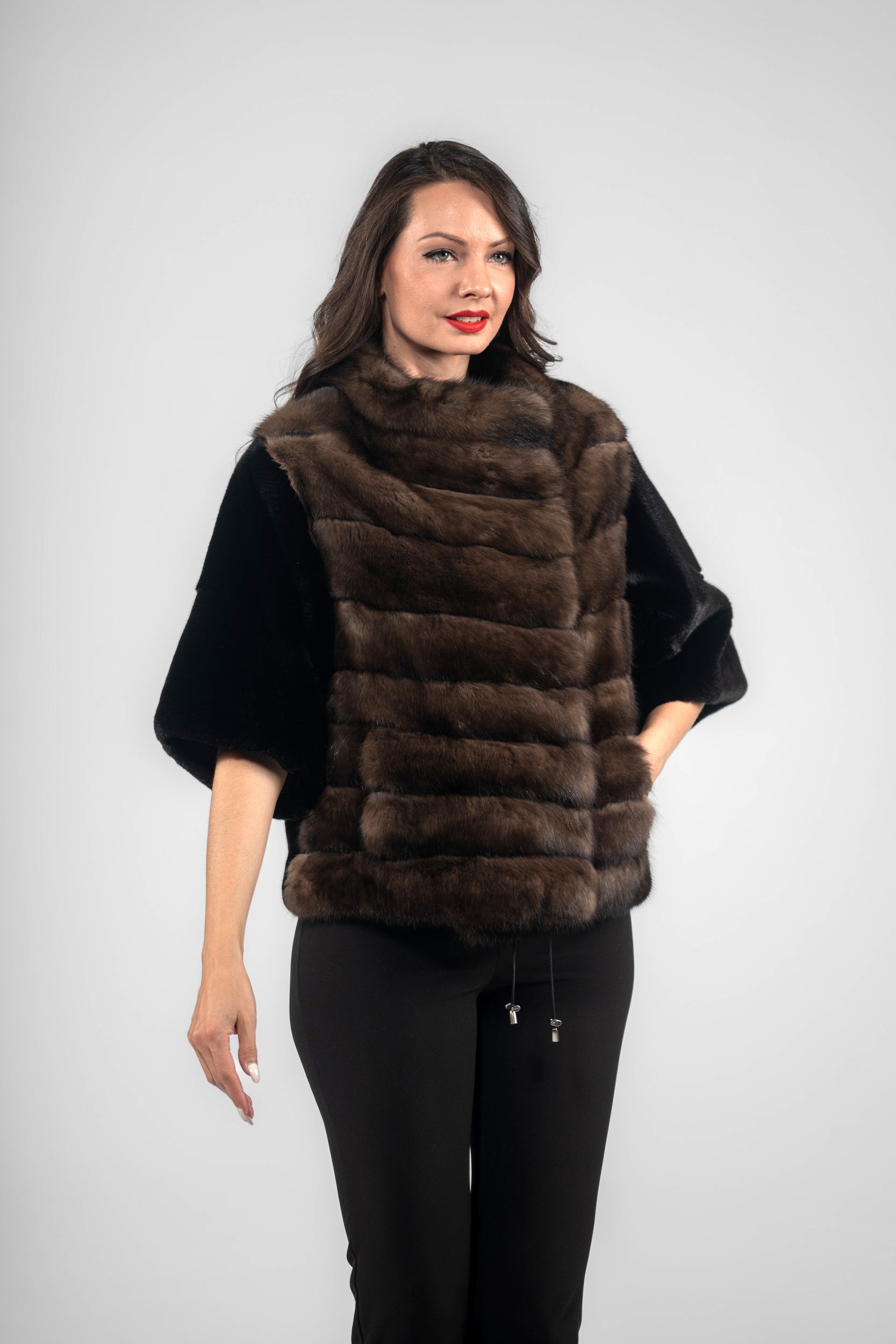 Short Sleeve Blackglama Mink Jacket with Stand Collar and Russian Sable Trim