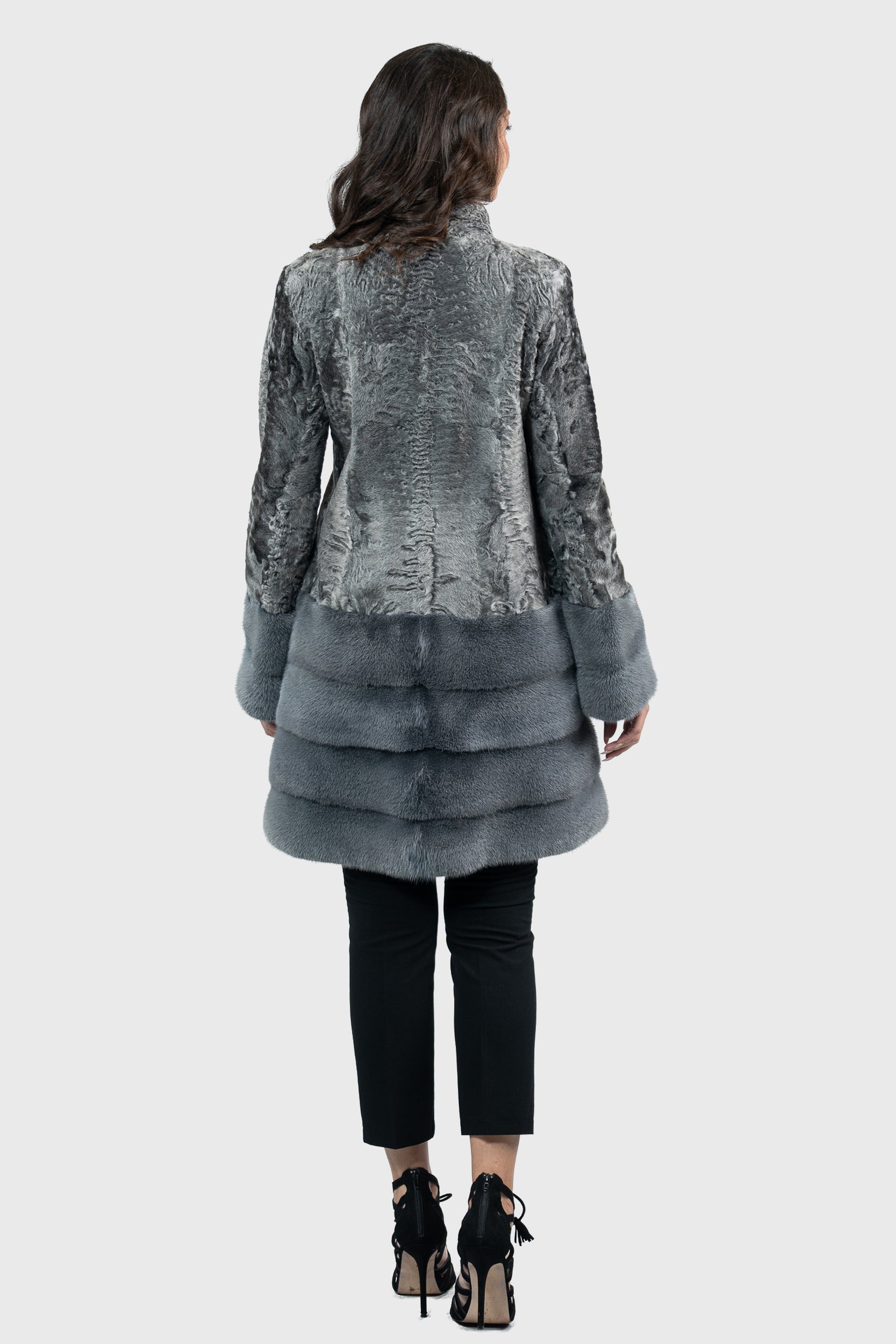 Gray Swakara Half Coat with Mink Trimmed Hem