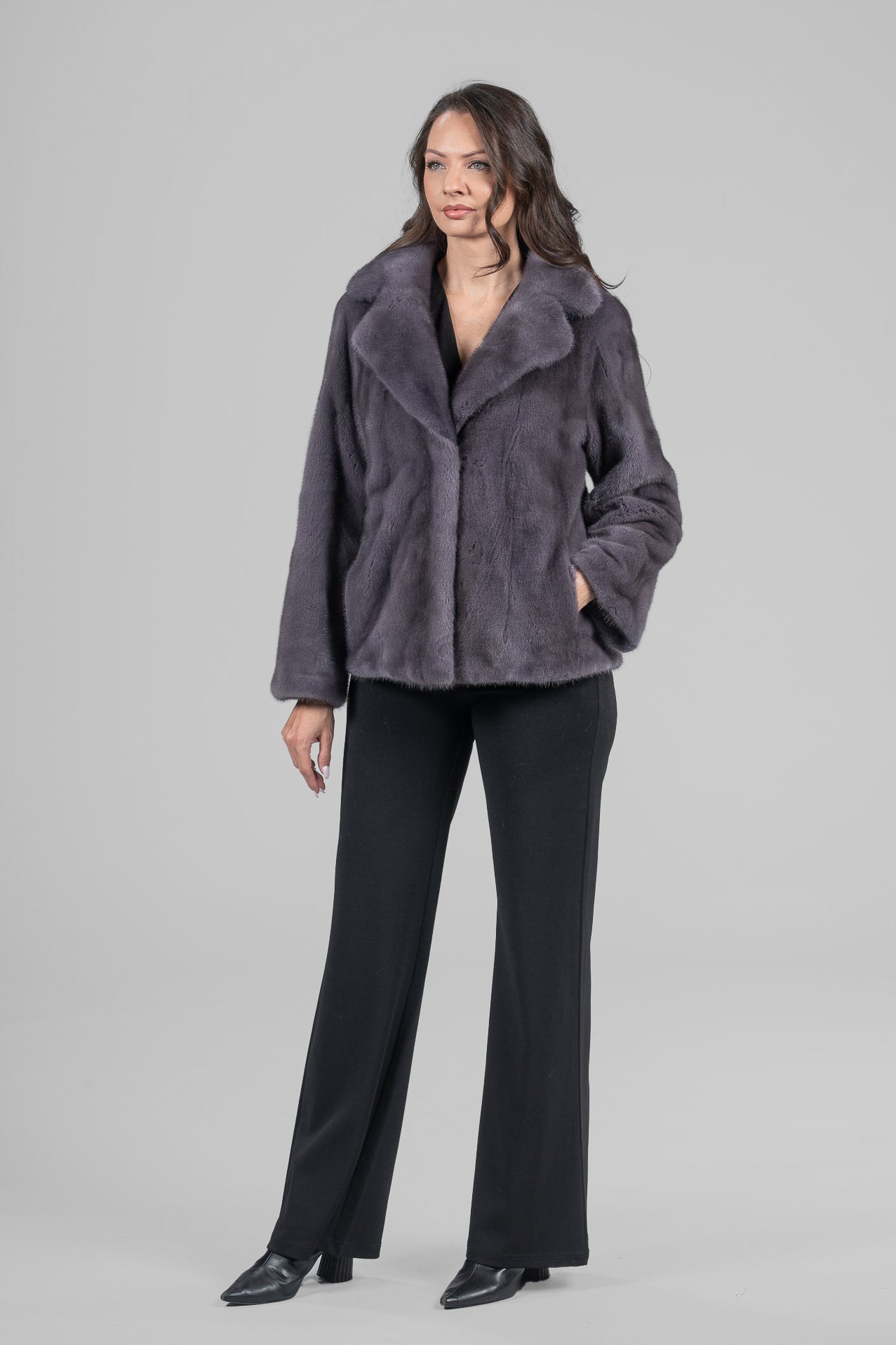 Grey Moon Mink Fur Jacket with Notch Collar