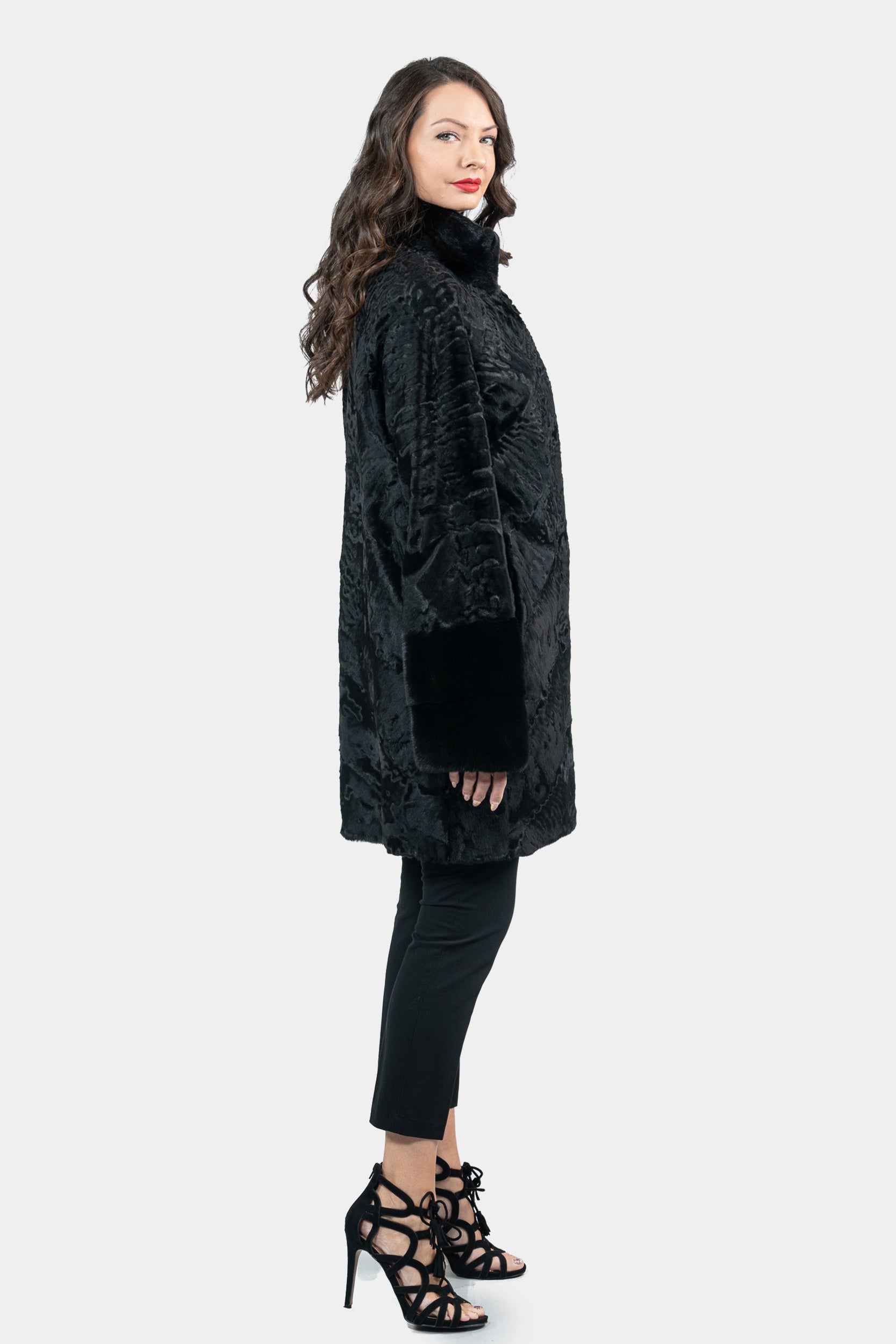Black Swakara Half Coat With Mink Trim