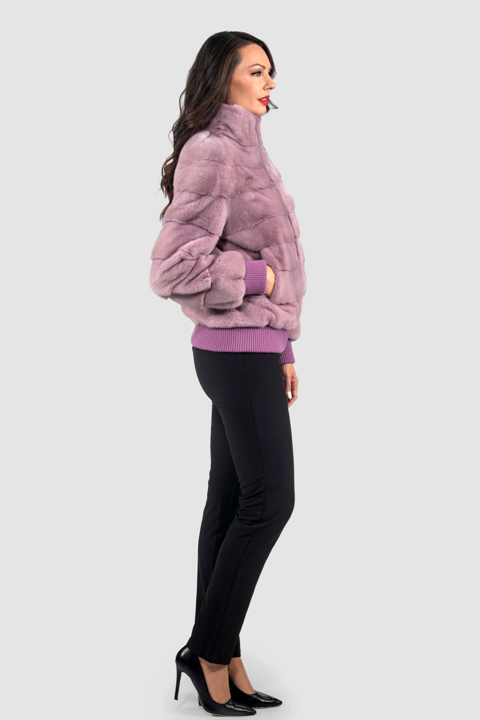 Violet Mink Bomber Jacket with Stand Collar